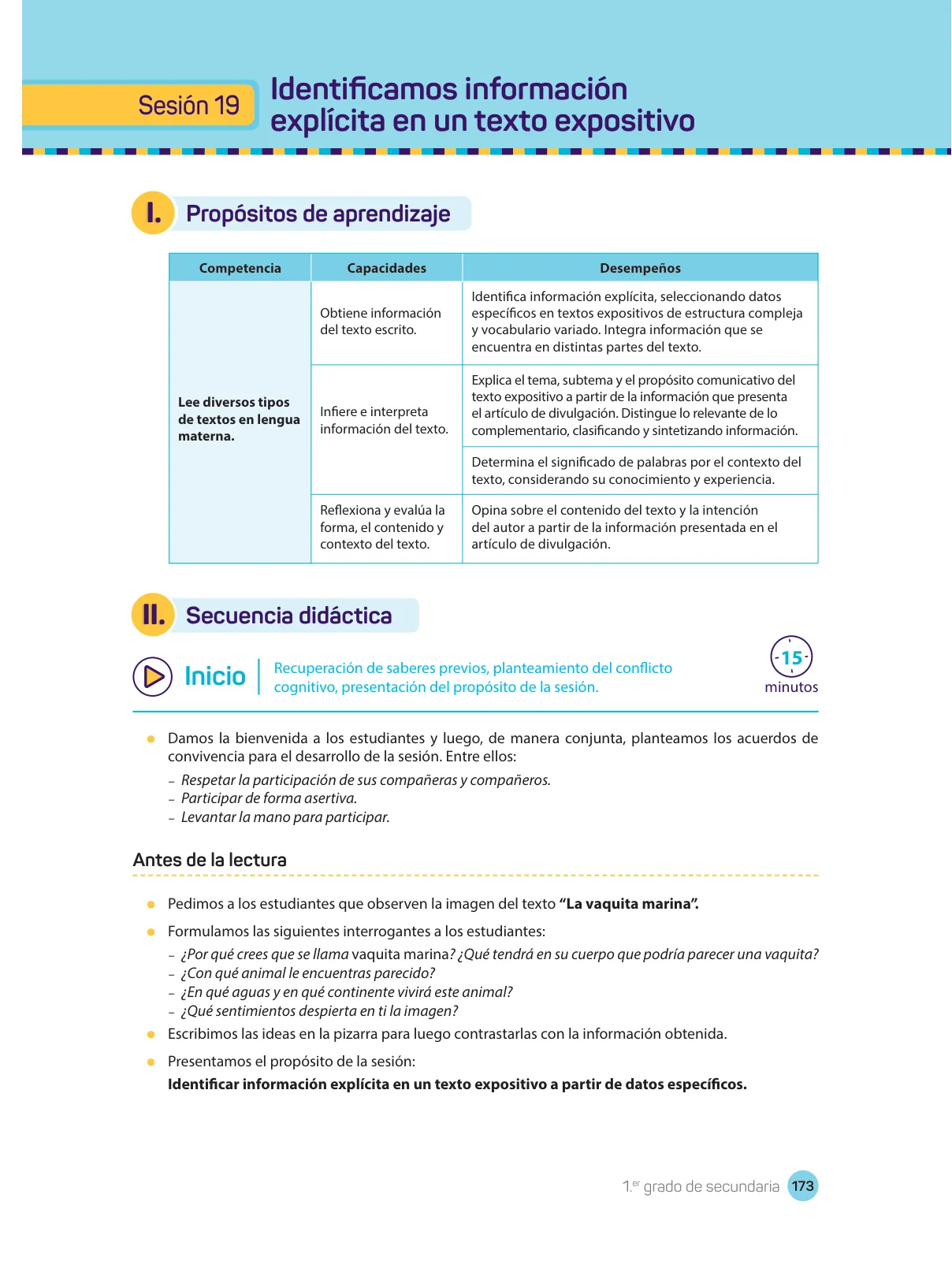 Página 175 de Comprensión lectora : manual para el docente de primer grado de Secundaria 2018 · 2018