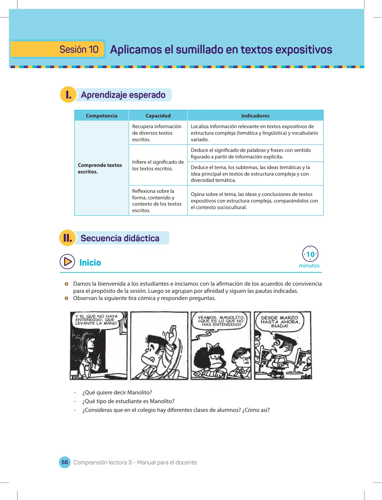 Página 58 de Comprensión lectora 3 : manual para el docente de tercer grado de Secundaria · 2017