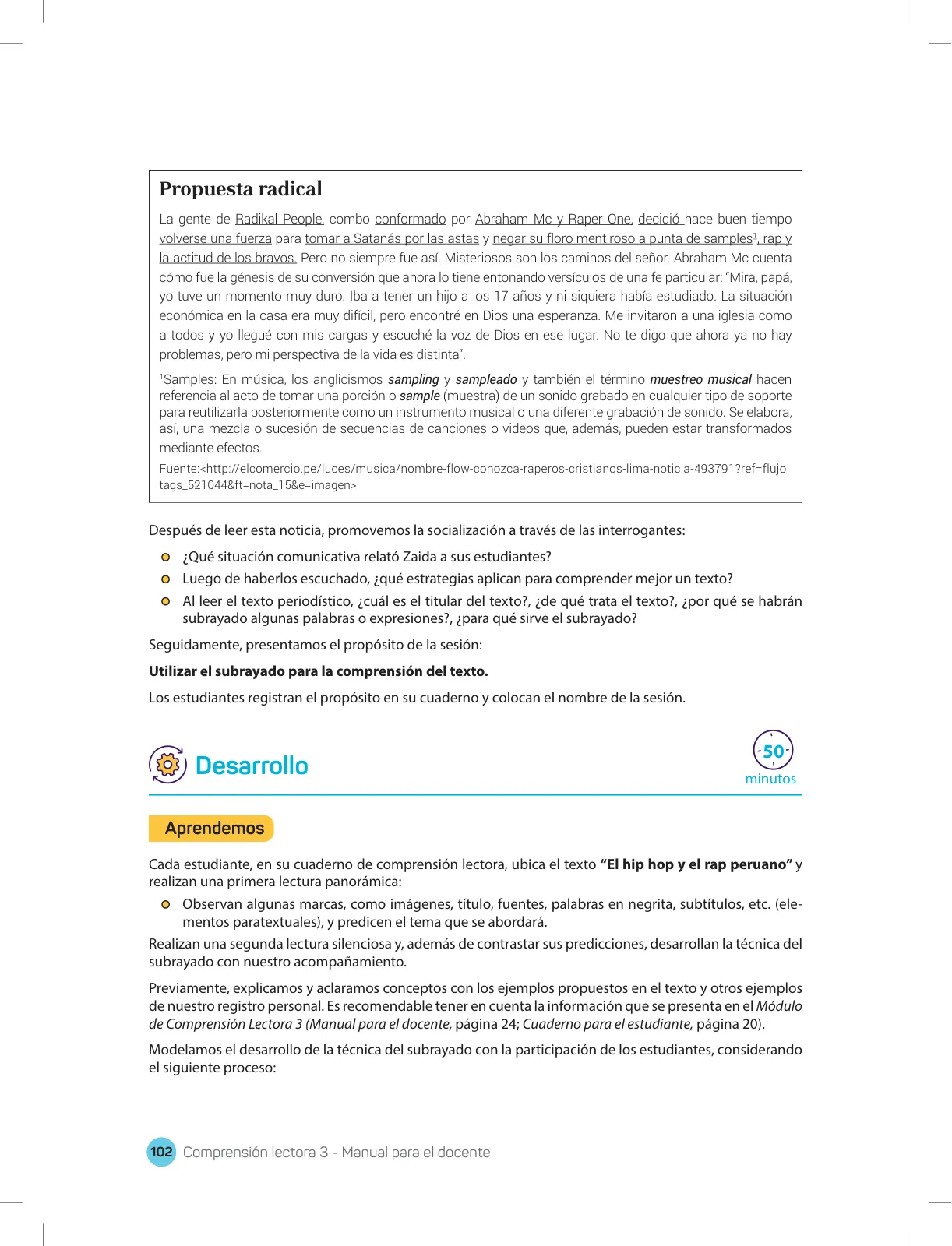 Página 104 de Comprensión lectora 3 : manual para el docente de tercer grado de Secundaria · 2017