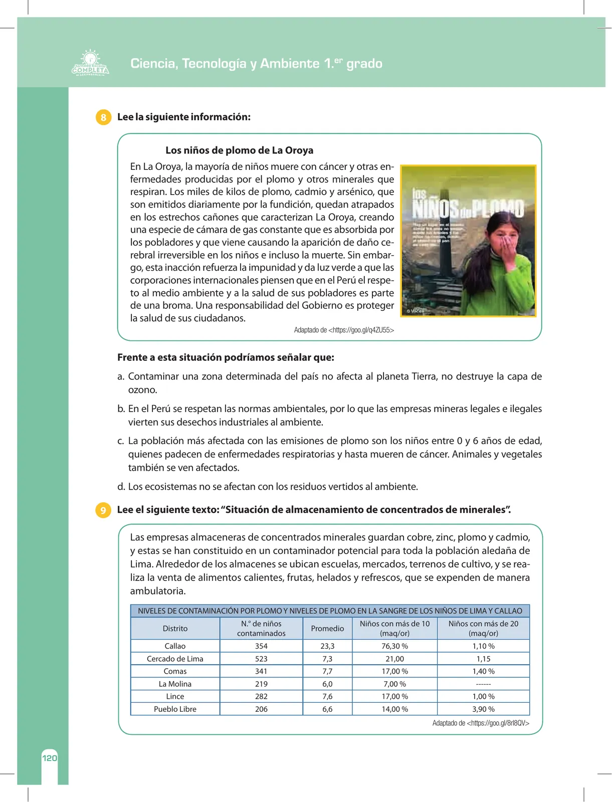 Página 120 de Ciencia, Tecnología y Ambiente 1. Cuaderno de reforzamiento pedagógico - JEC · 2016
