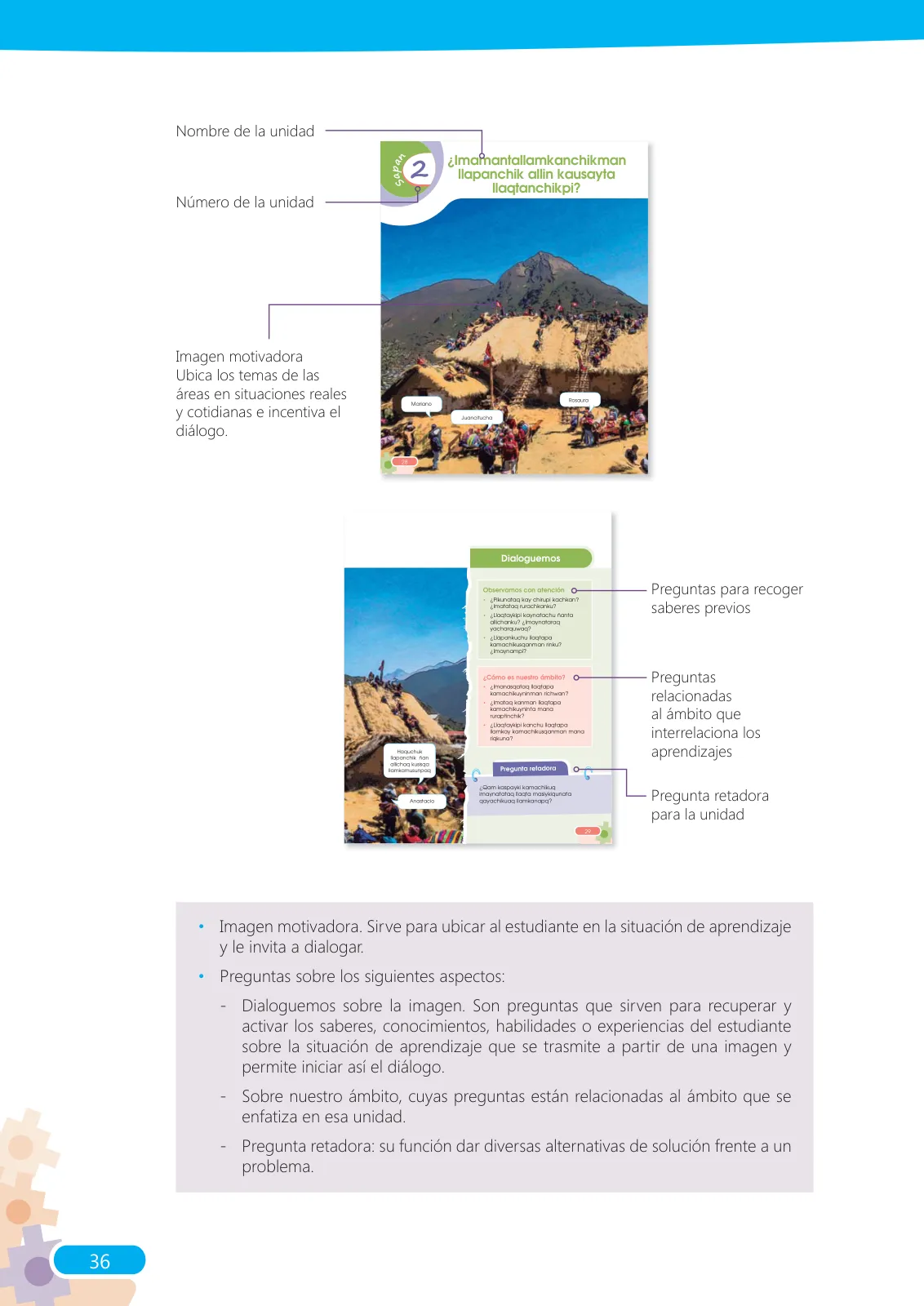 Página 36 de Guía para el docente sobre el uso del material educativo, Quechua Chanka. Ciclos Inicial e Intermedio, área de Comunicación · 2020