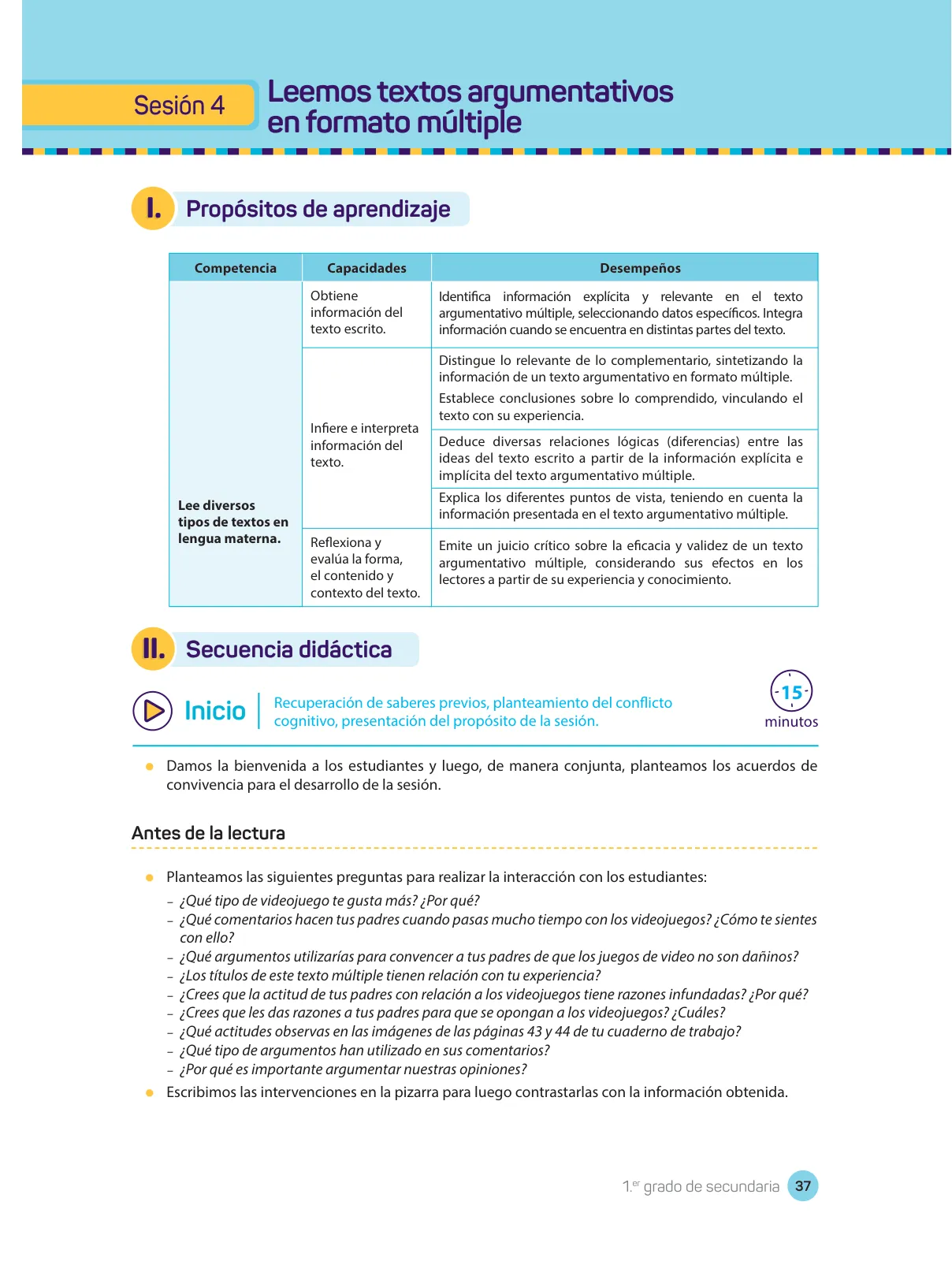 Página 39 de Comprensión lectora : manual para el docente de primer grado de Secundaria 2018 · 2018