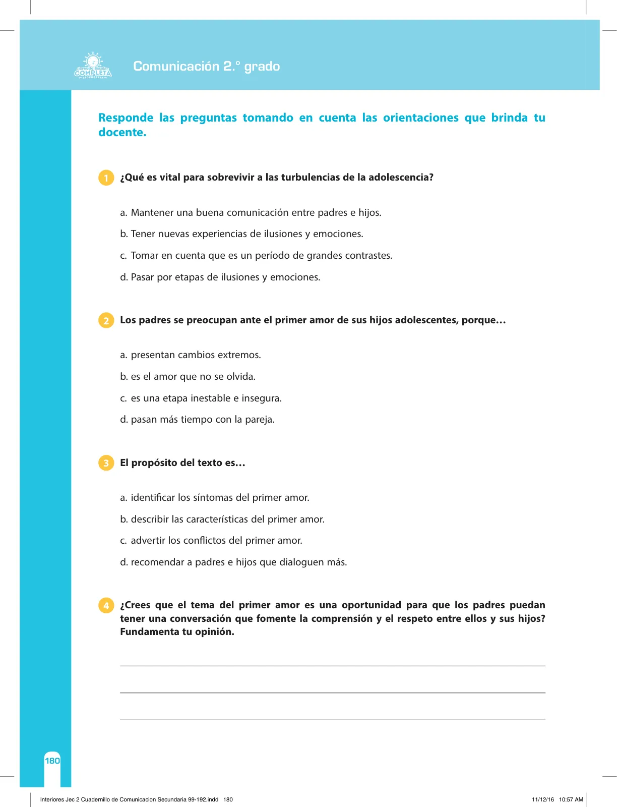 Página 180 de Comunicación Secundaria 2. Cuaderno de reforzamiento pedagógico - JEC · 2016