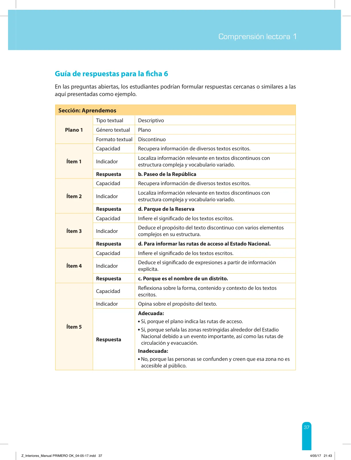Página 39 de Comprensión lectora 1 : manual para el docente de primer grado de Secundaria · 2017