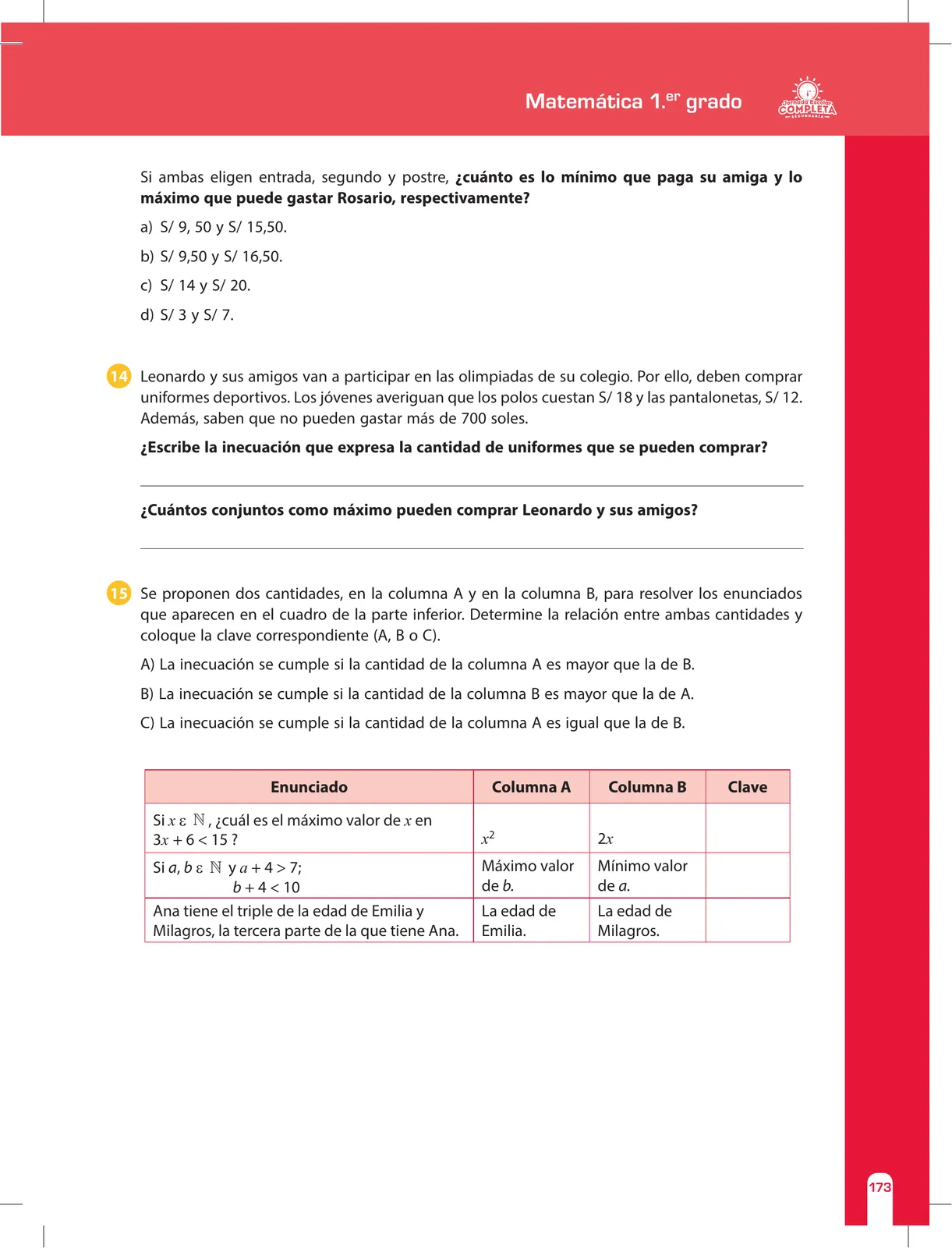 Miniatura página 173 de Matemática 1 : cuaderno de reforzamiento pedagógico - JEC · 2016