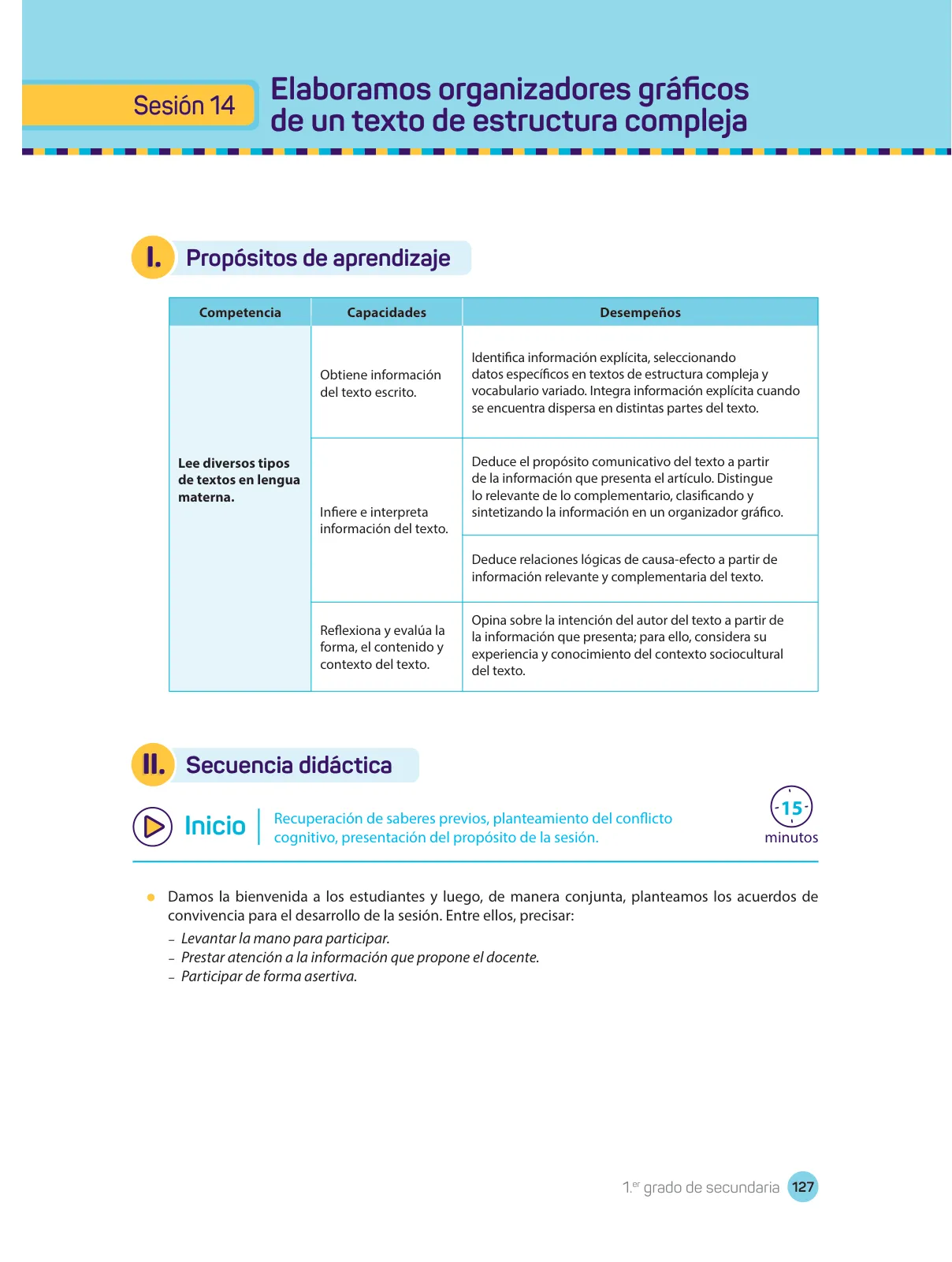 Página 129 de Comprensión lectora : manual para el docente de primer grado de Secundaria 2018 · 2018