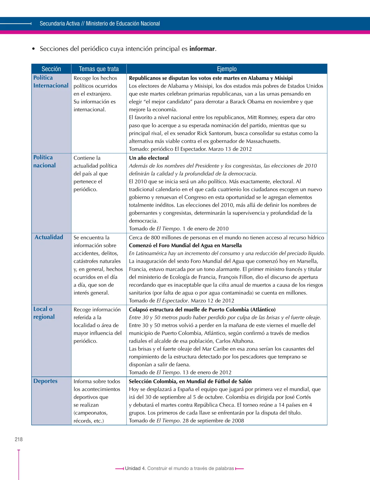 Página 218 de Lenguaje 6° · Secundaria Activa
