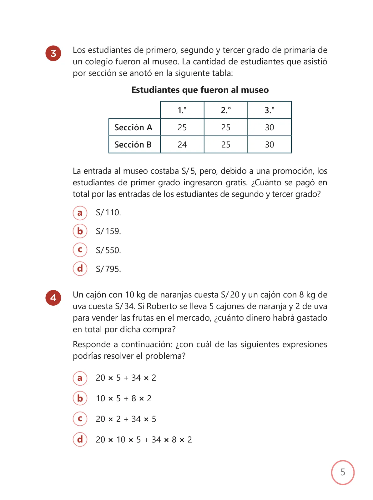 Miniatura página 5 de Kit de evaluación Salida 1 Demostrando lo que aprendimos : Matemática, tercer trimestre, ﻿Cuarto grado - Primaria · 2019