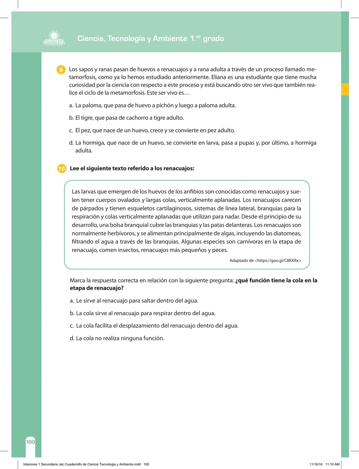 Página 100 de Ciencia, Tecnología y Ambiente 1. Cuaderno de reforzamiento pedagógico - JEC · 2016