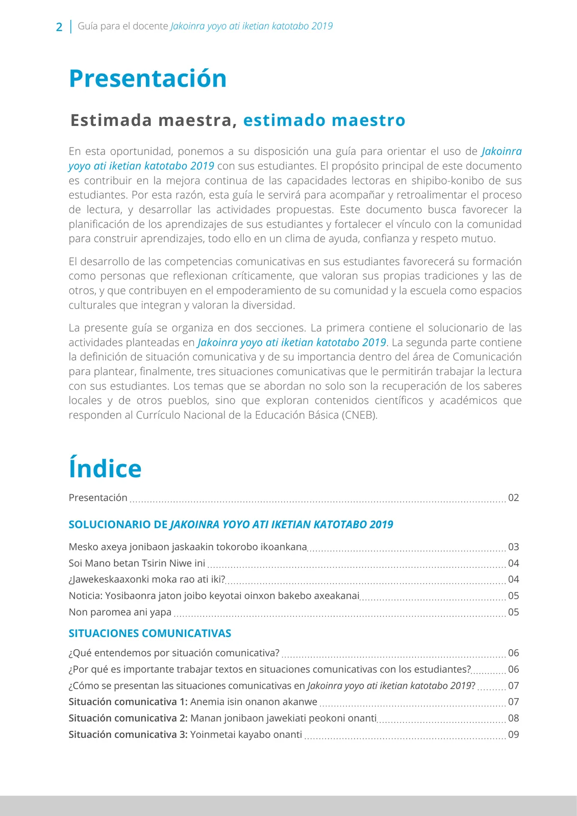 Miniatura página 2 de Guía para el docente “Jakoinra yoyo ati iketian katotabo 2019” : Shipibo - Konibo · 2019