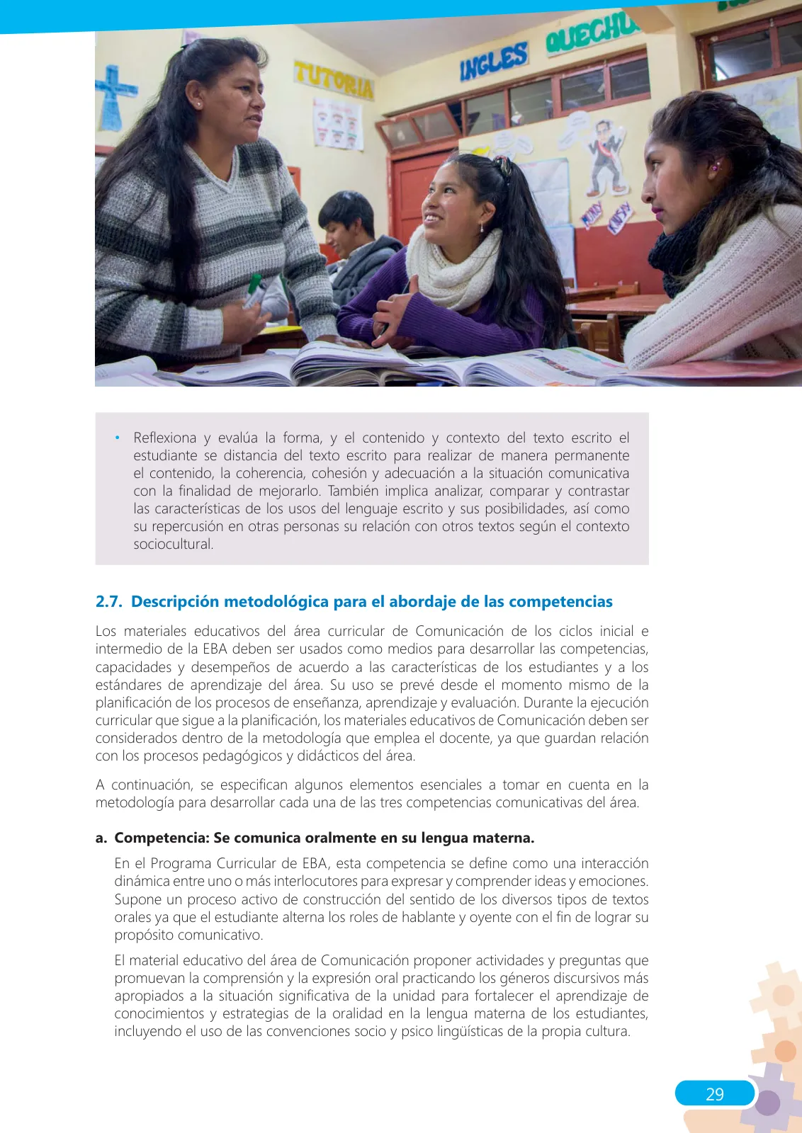 Página 29 de Guía para el docente sobre el uso del material educativo, Quechua Chanka. Ciclos Inicial e Intermedio, área de Comunicación · 2020