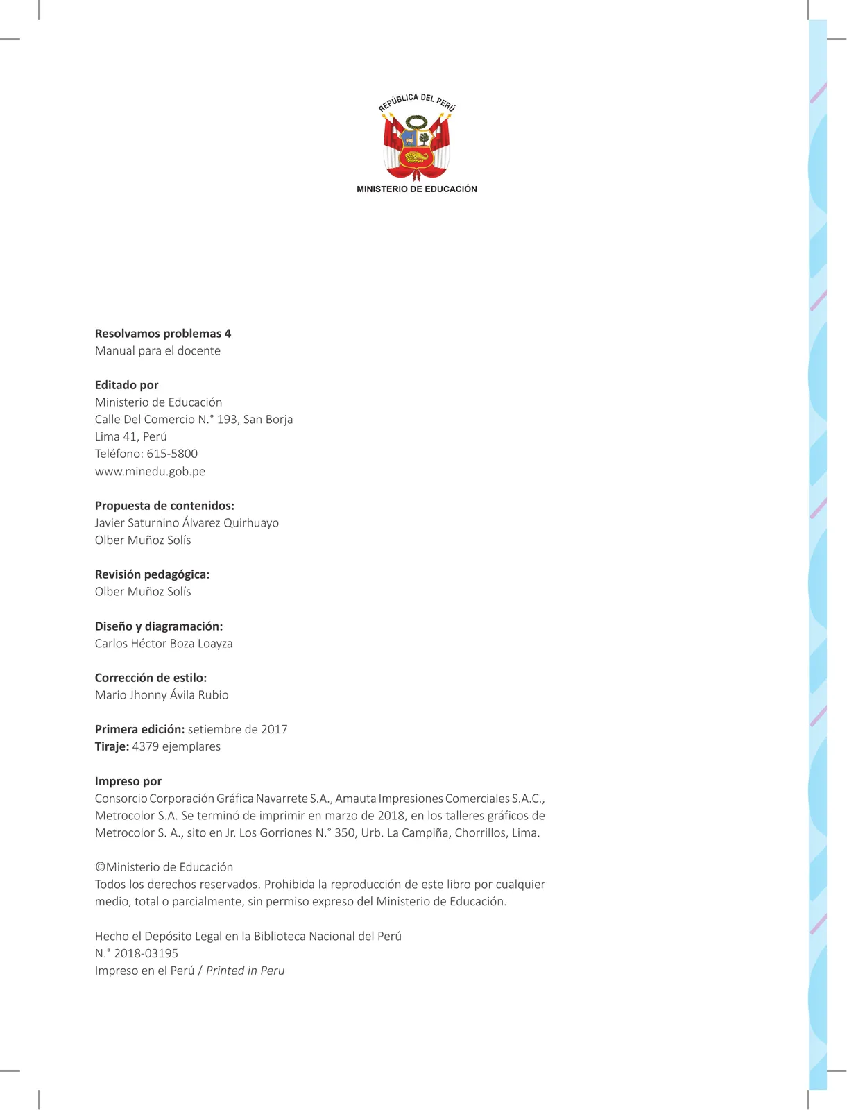 Página 4 de Resolvamos problemas 4 : manual para el docente 2018 · 2018