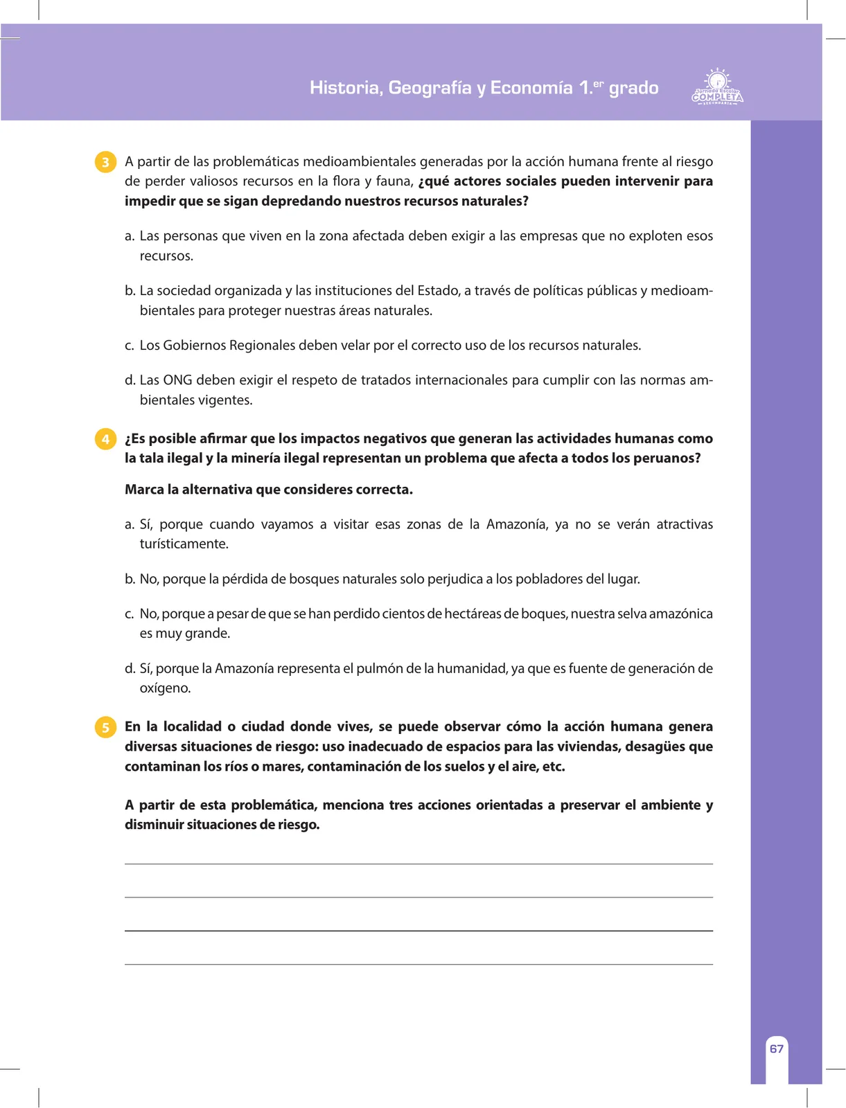 Miniatura página 67 de Historia, Geografía y Economía 1 : cuaderno de reforzamiento pedagógico - JEC · 2016