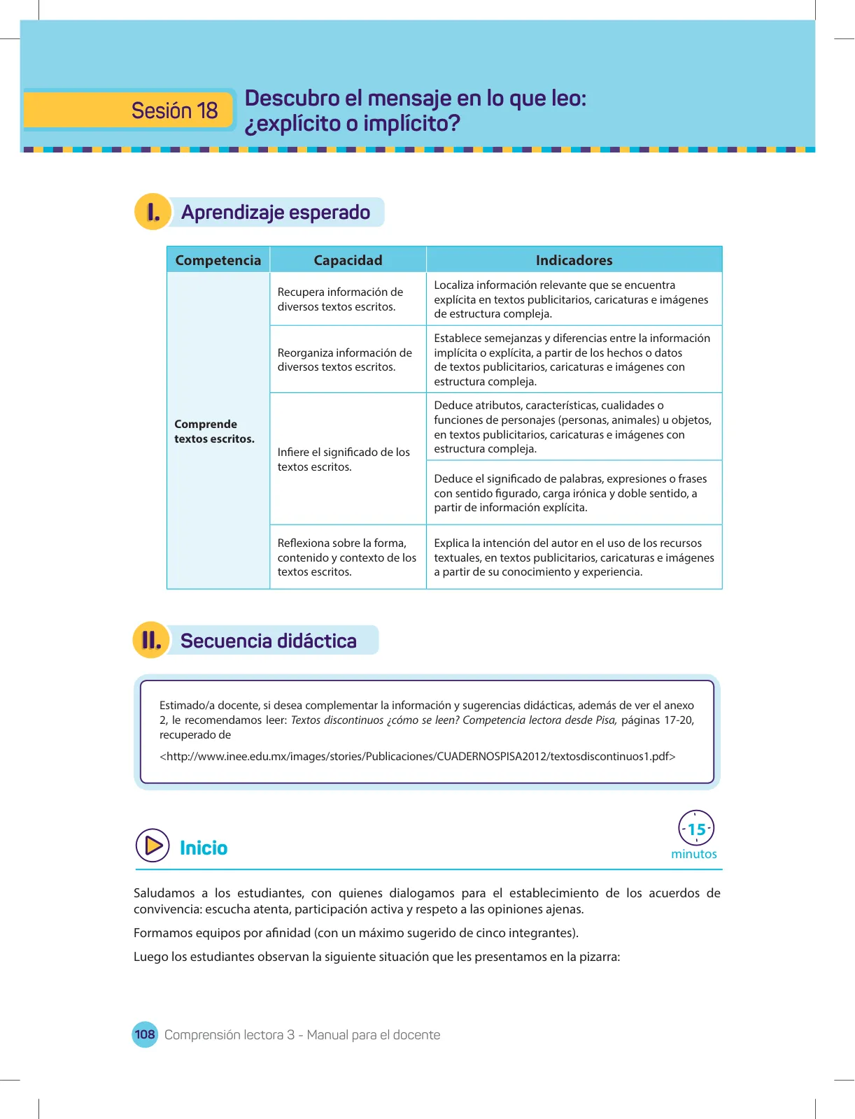 Página 110 de Comprensión lectora 3 : manual para el docente de tercer grado de Secundaria · 2017