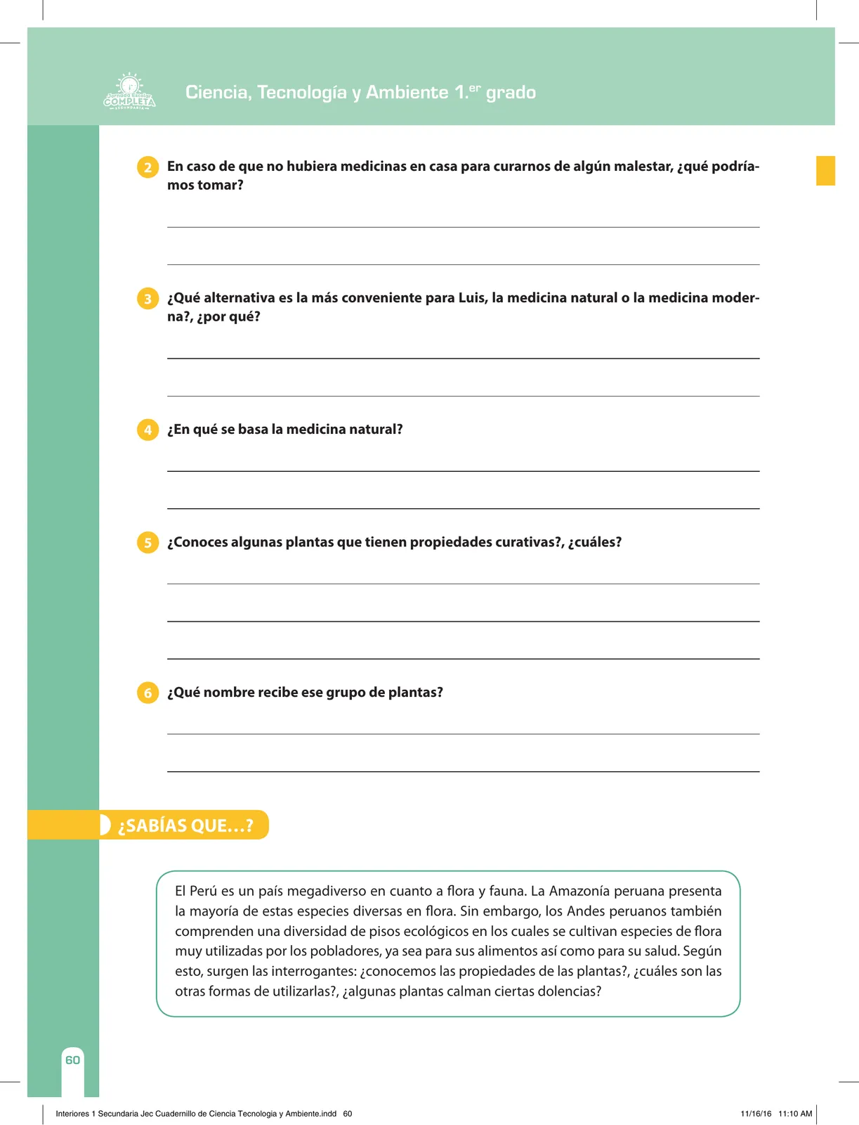 Página 60 de Ciencia, Tecnología y Ambiente 1. Cuaderno de reforzamiento pedagógico - JEC · 2016