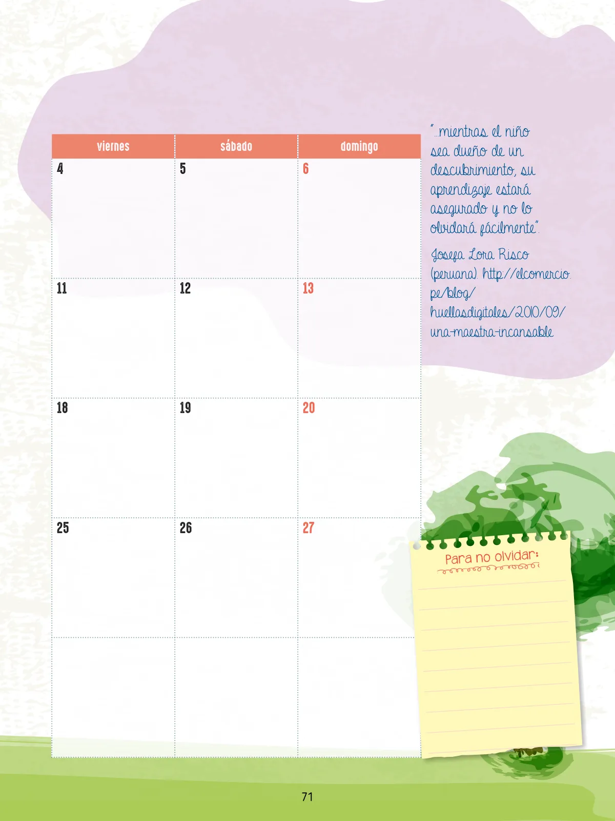 Miniatura página 73 de Agenda pedagógica 2017-2018 para docentes de II Ciclo de Instituciones de nivel de Educación Inicial · 2017