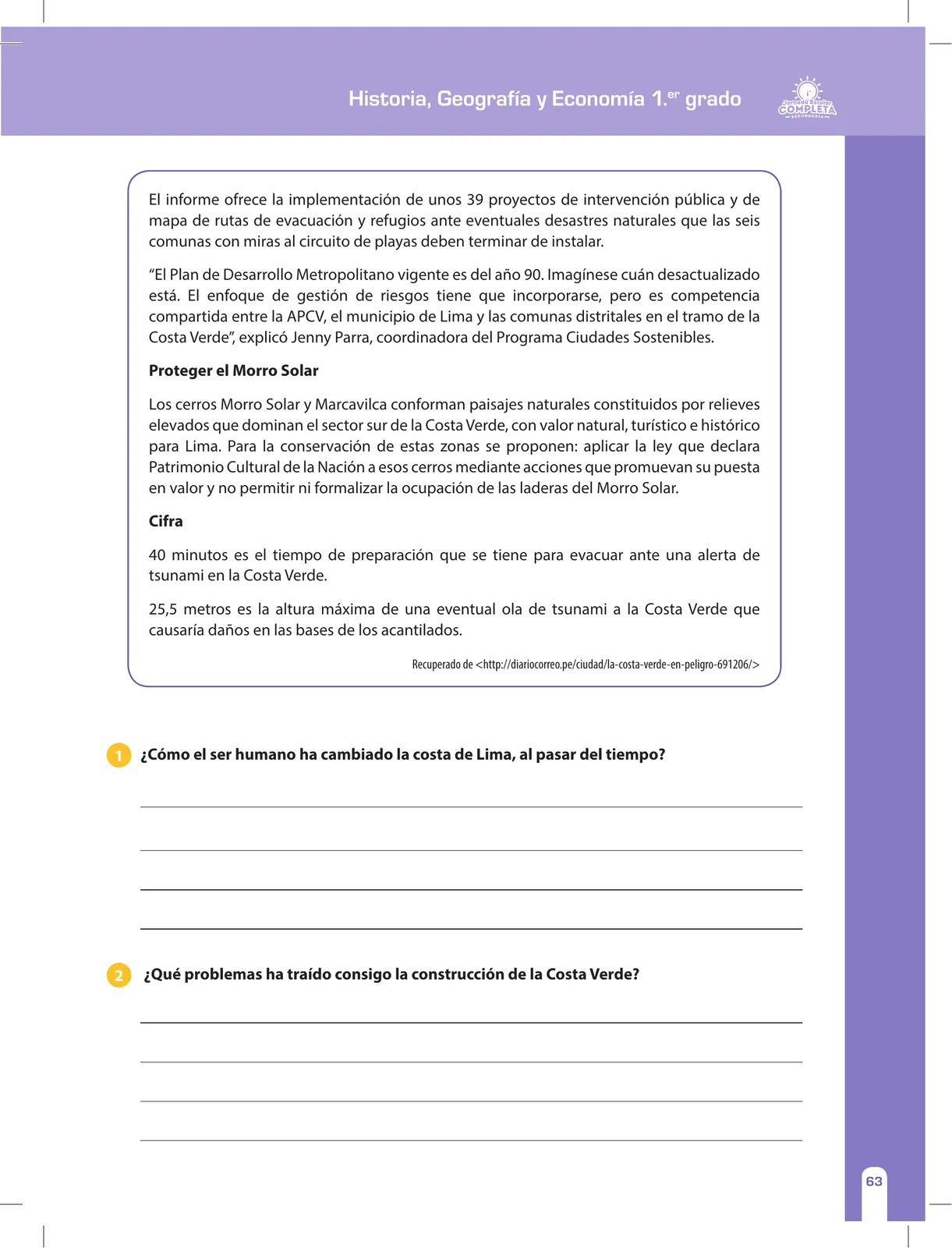 Página 63 de Historia, Geografía y Economía 1 : cuaderno de reforzamiento pedagógico - JEC · 2016