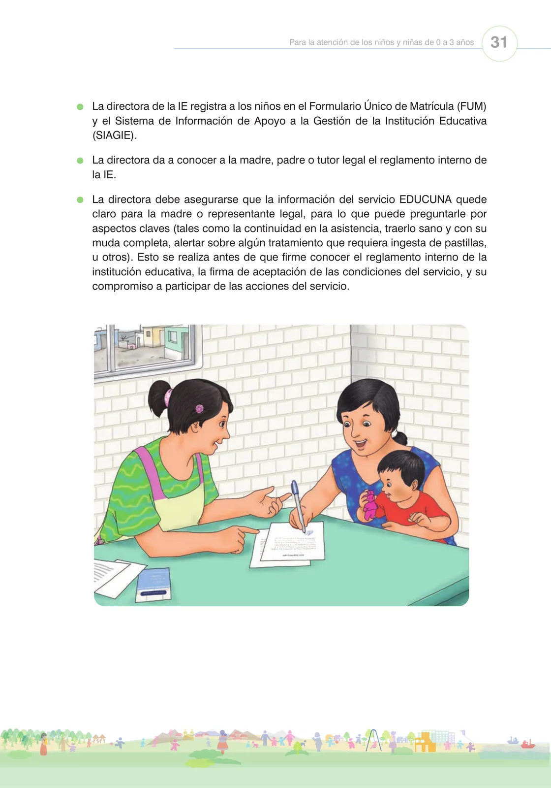 Página 33 de Orientaciones para el funcionamiento de las cunas y cunas jardín que brindan el servicio de educación y cuidado diurno con atención integral para niñas y niños de 12 a 36 meses : guía del servicio y protocolos · 2024