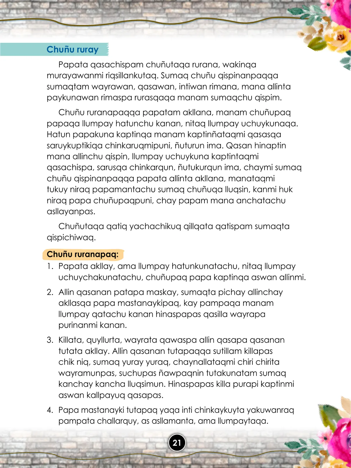 Página 23 de Llaqtanchikpa kawsayninkuna - Chanka : saberes de los pueblos - Comunicación y Ciencia y Tecnología quechua, variante Chanca · 2021