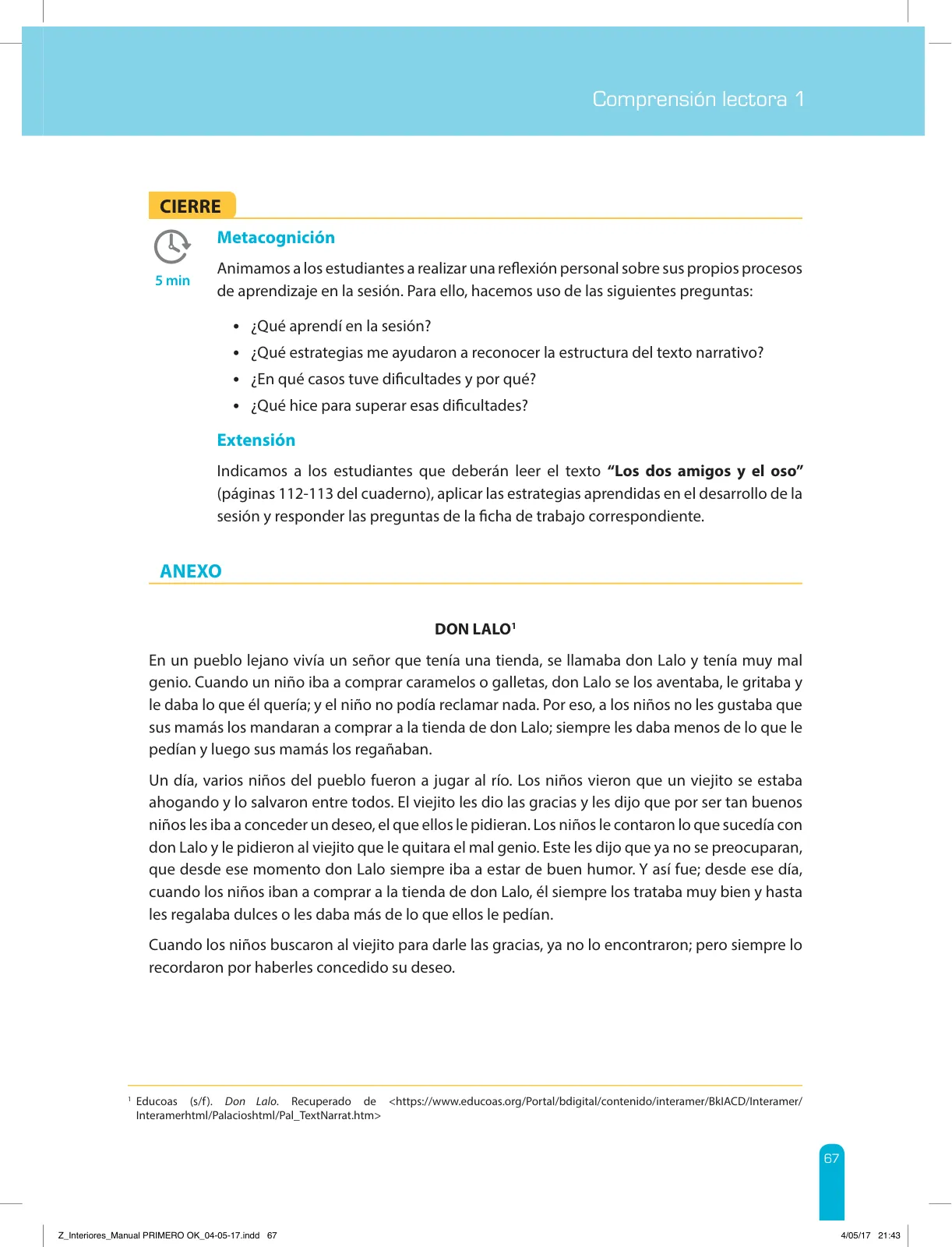 Página 69 de Comprensión lectora 1 : manual para el docente de primer grado de Secundaria · 2017