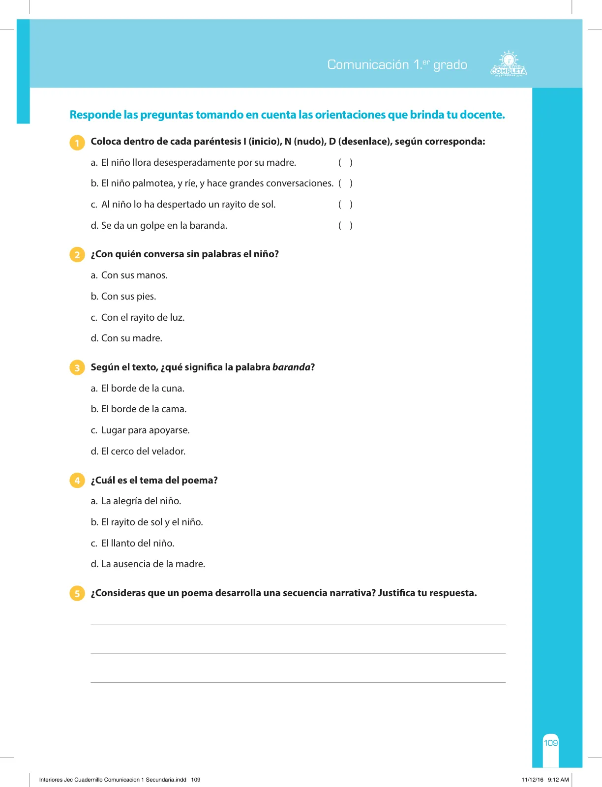 Miniatura página 109 de Comunicación Secundaria 1. Cuaderno de reforzamiento pedagógico - JEC · 2016
