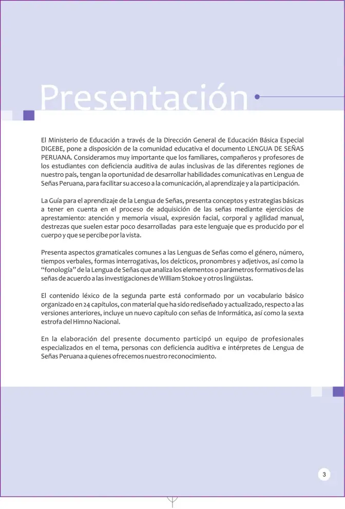 Página 3 de Lengua de señas peruana : guía para el aprendizaje de la lengua de señas peruana, vocabulario básico · 2015