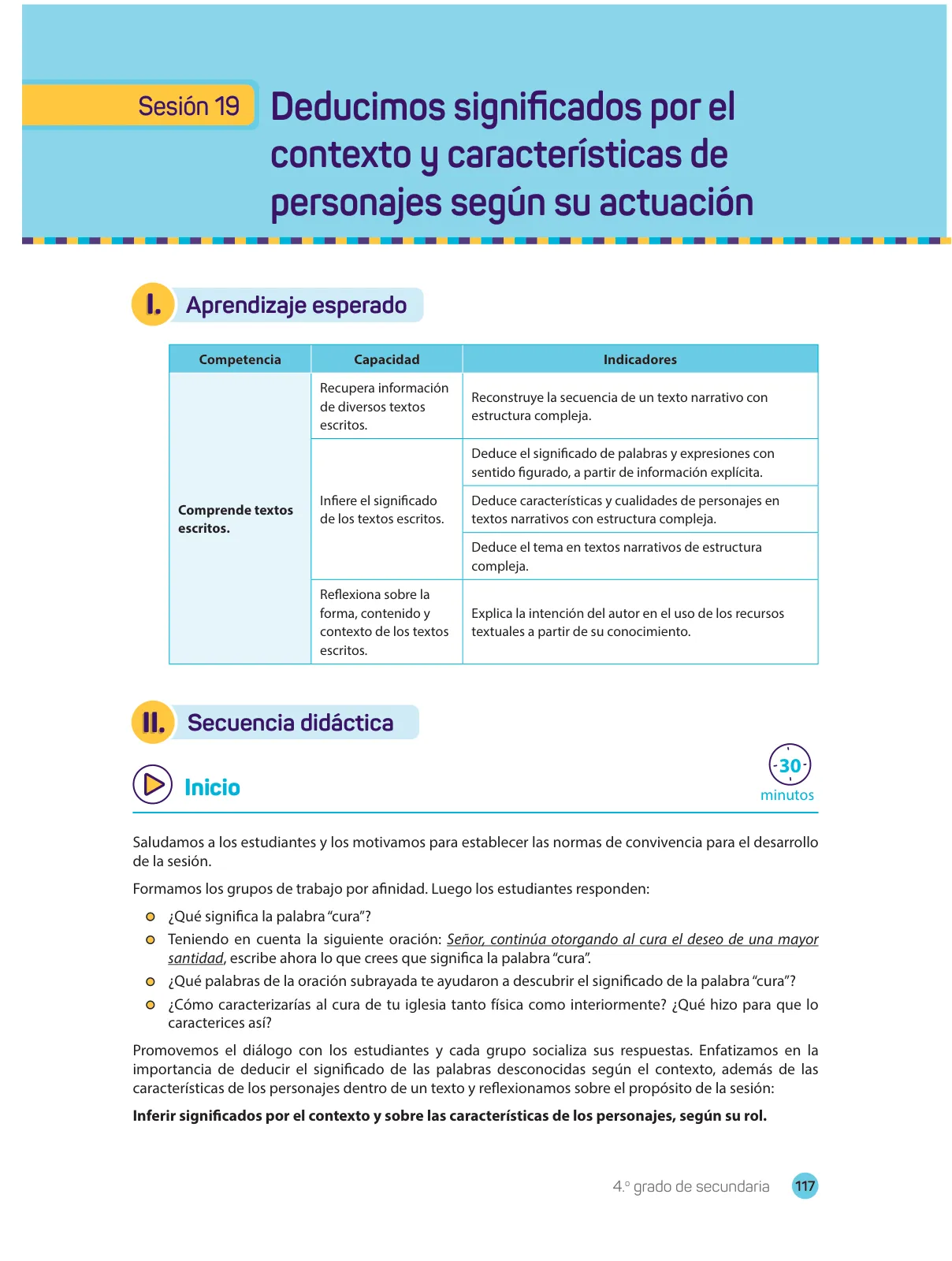 Miniatura página 119 de Comprensión lectora 4 : manual para el docente de cuarto grado de Secundaria · 2017