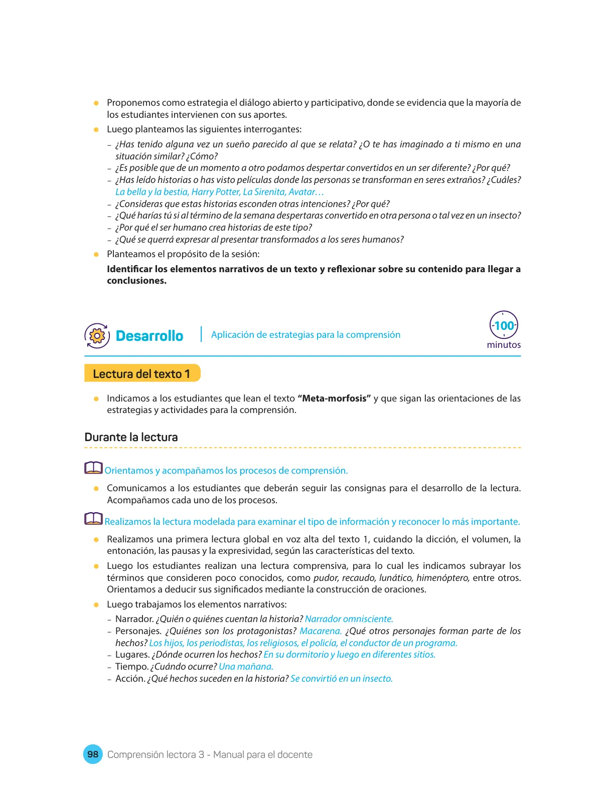 Página 100 de Comprensión lectora : manual para el docente de tercer grado de Secundaria 2018 · 2018