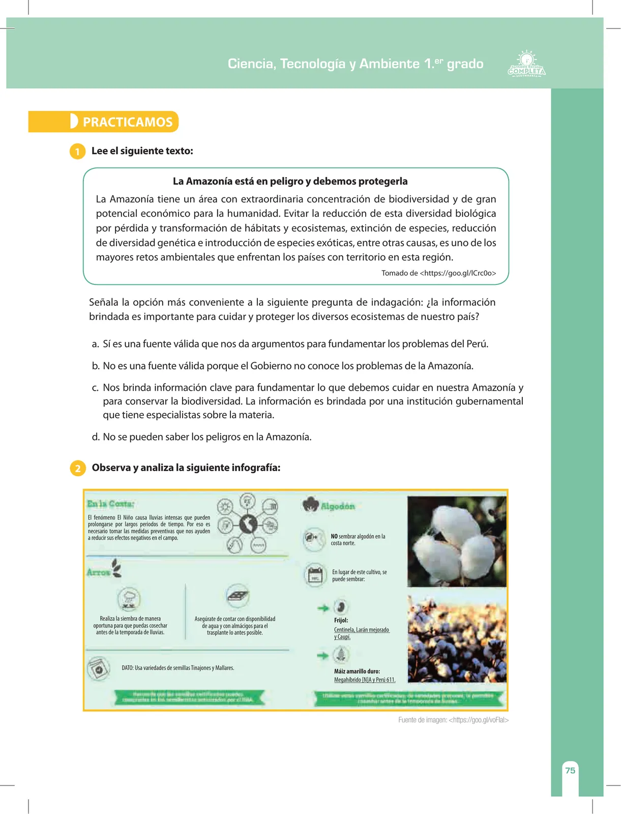 Página 75 de Ciencia, Tecnología y Ambiente 1. Cuaderno de reforzamiento pedagógico - JEC · 2016