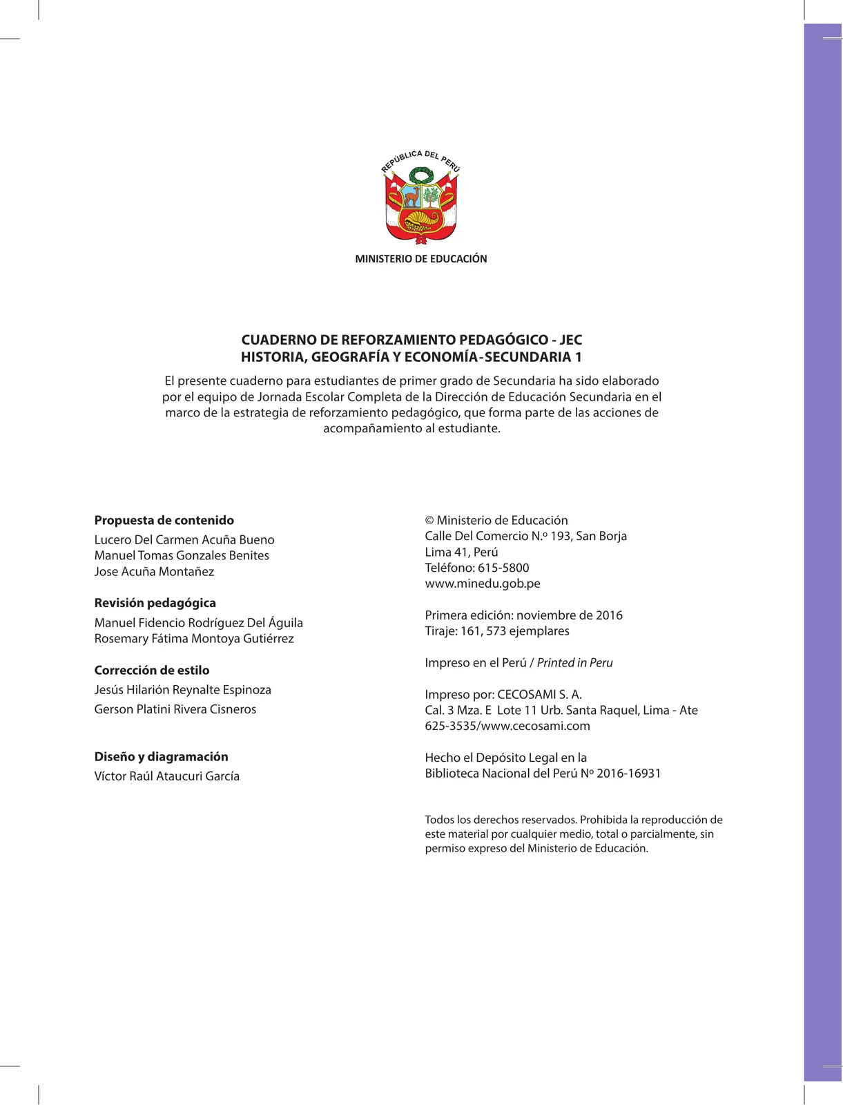 Miniatura página 2 de Historia, Geografía y Economía 1 : cuaderno de reforzamiento pedagógico - JEC · 2016