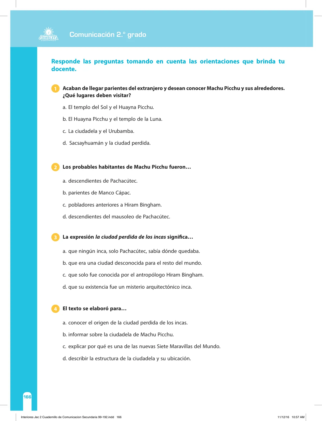 Página 166 de Comunicación Secundaria 2. Cuaderno de reforzamiento pedagógico - JEC · 2016