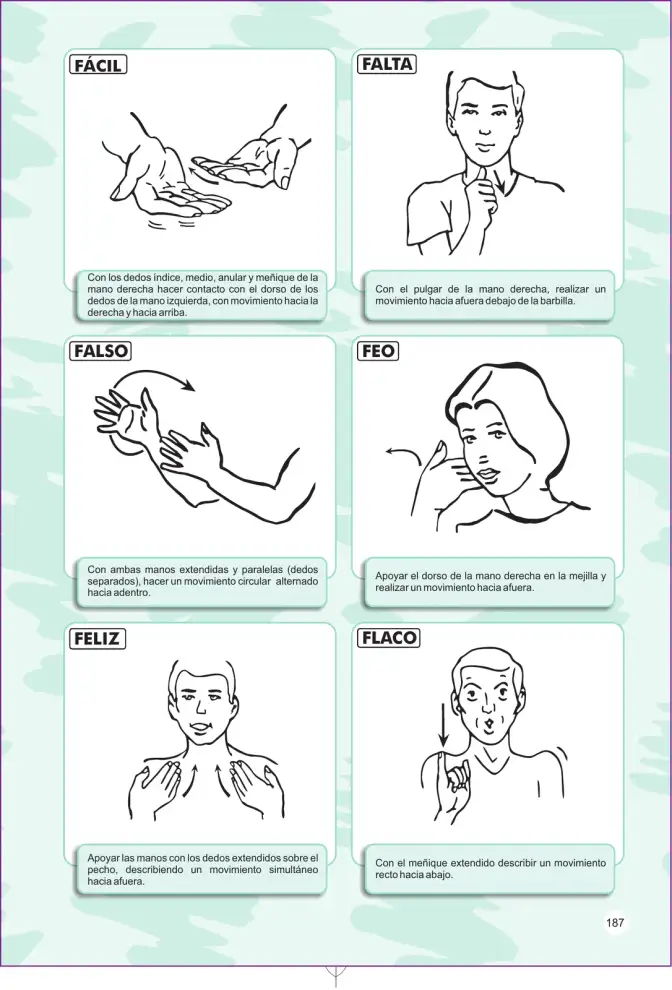 Página 187 de Lengua de señas peruana : guía para el aprendizaje de la lengua de señas peruana, vocabulario básico · 2015