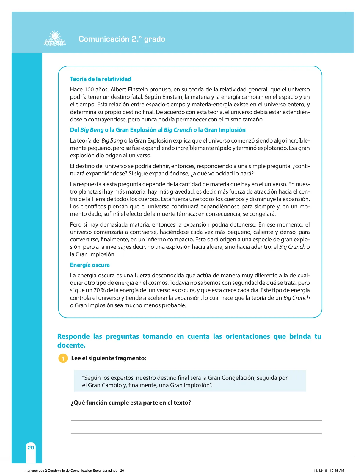Miniatura página 20 de Comunicación Secundaria 2. Cuaderno de reforzamiento pedagógico - JEC · 2016