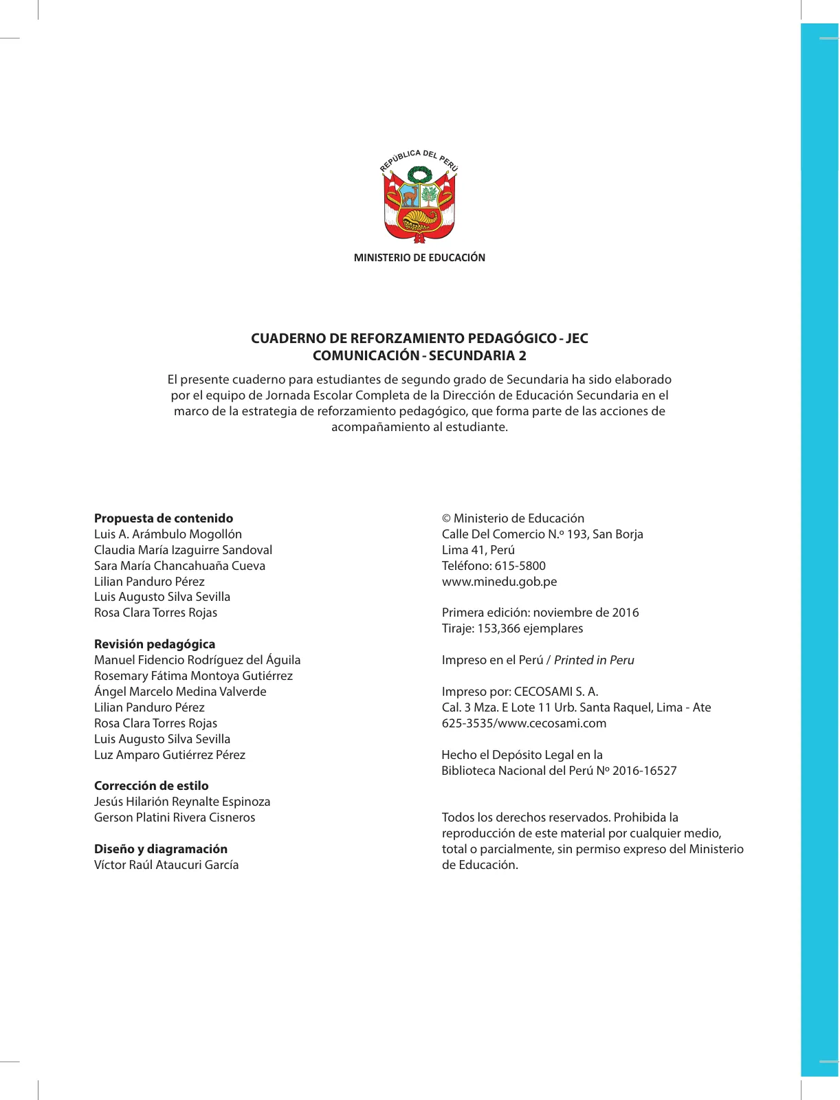 Miniatura página 2 de Comunicación Secundaria 2. Cuaderno de reforzamiento pedagógico - JEC · 2016