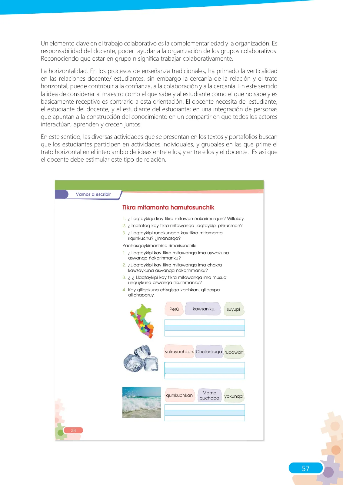 Página 57 de Guía para el docente sobre el uso del material educativo, Quechua Chanka. Ciclos Inicial e Intermedio, área de Comunicación · 2020