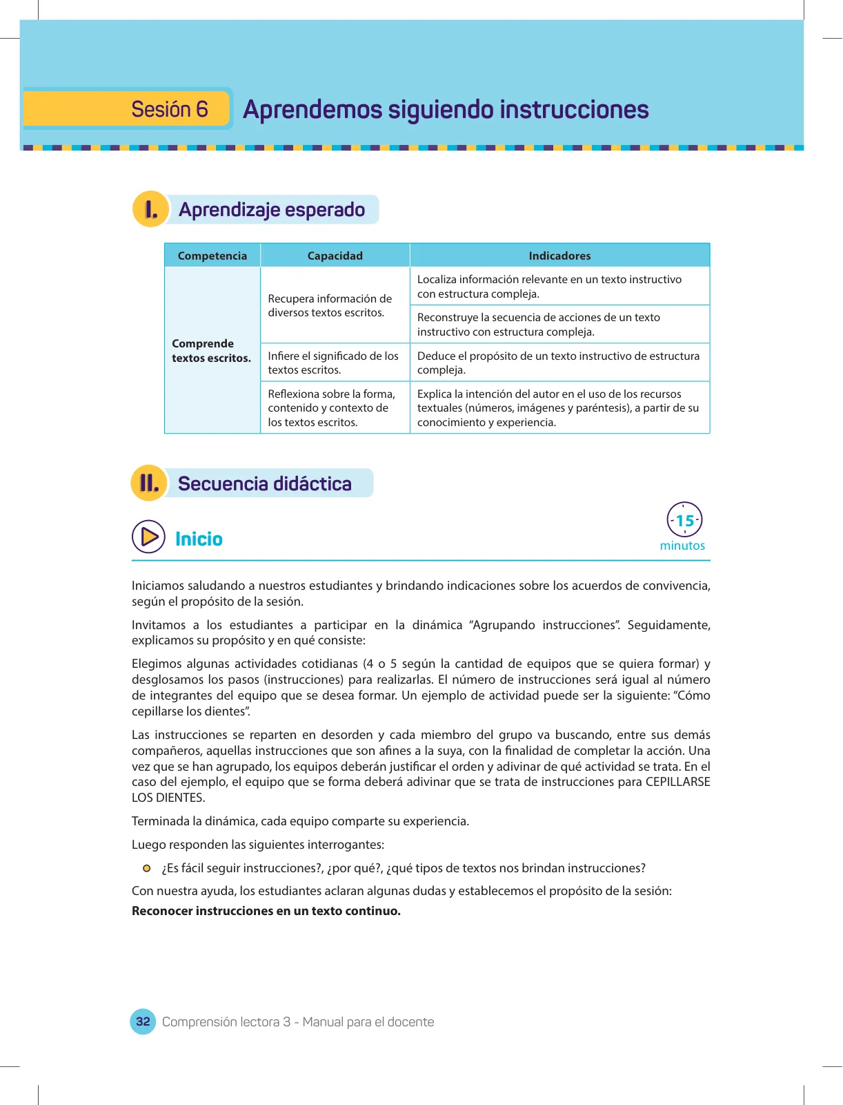 Página 34 de Comprensión lectora 3 : manual para el docente de tercer grado de Secundaria · 2017