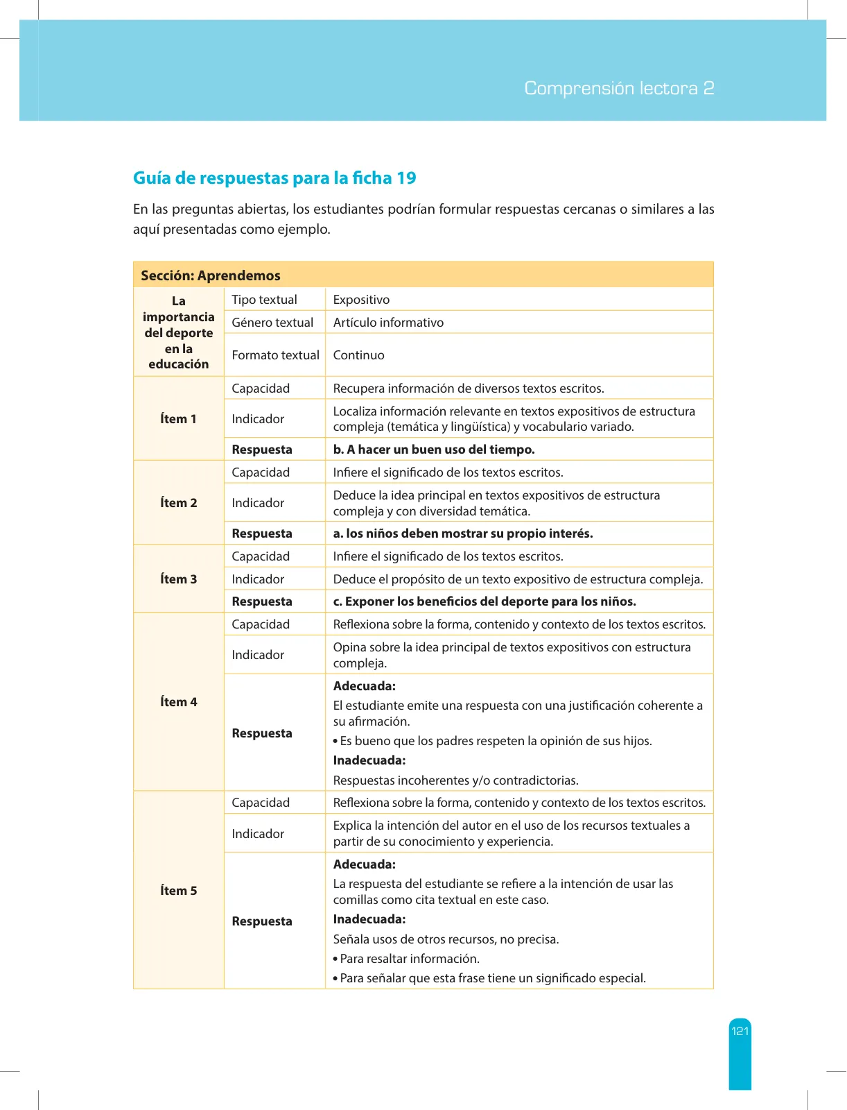 Página 123 de Comprensión lectora 2 : manual para el docente de segundo grado de Secundaria · 2017
