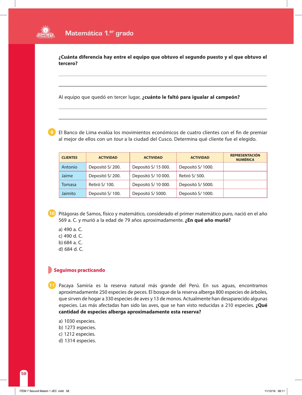 Miniatura página 58 de Matemática 1 : cuaderno de reforzamiento pedagógico - JEC · 2016