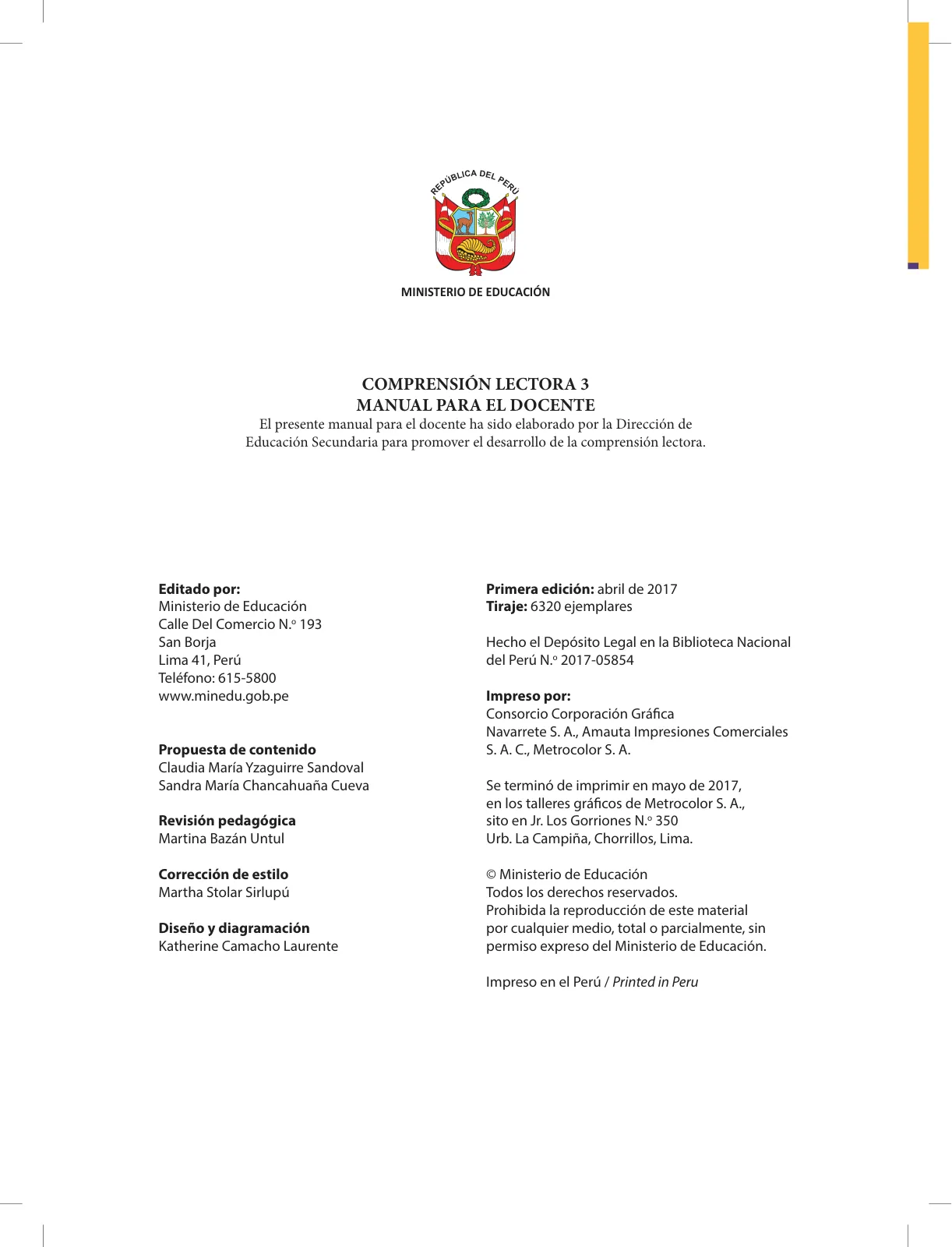 Página 4 de Comprensión lectora 3 : manual para el docente de tercer grado de Secundaria · 2017