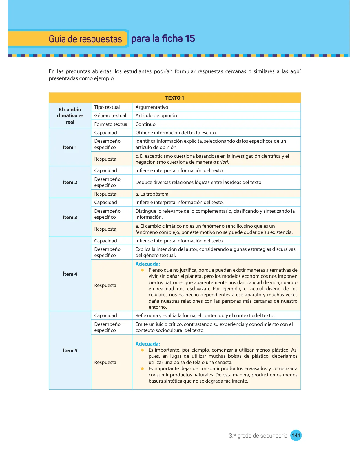 Miniatura página 143 de Comprensión lectora : manual para el docente de tercer grado de Secundaria 2018 · 2018
