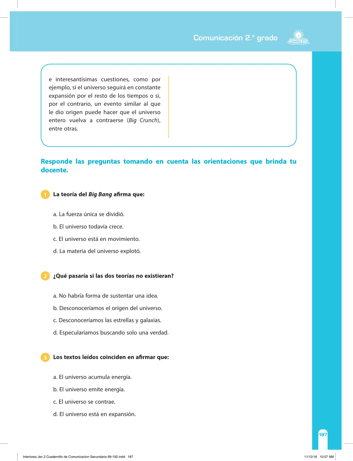 Página 187 de Comunicación Secundaria 2. Cuaderno de reforzamiento pedagógico - JEC · 2016