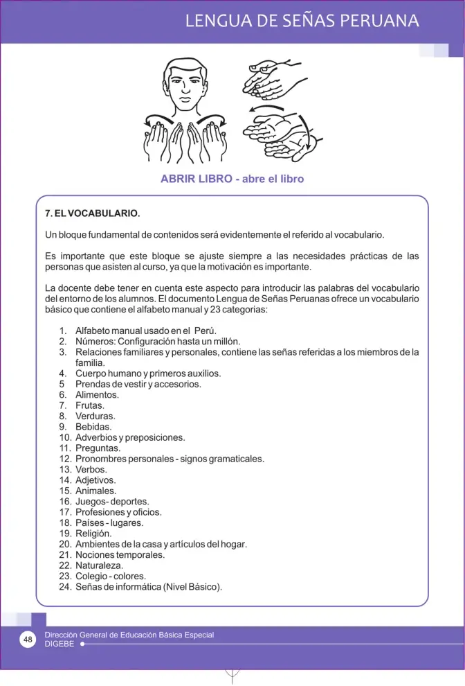 Página 48 de Lengua de señas peruana : guía para el aprendizaje de la lengua de señas peruana, vocabulario básico · 2015