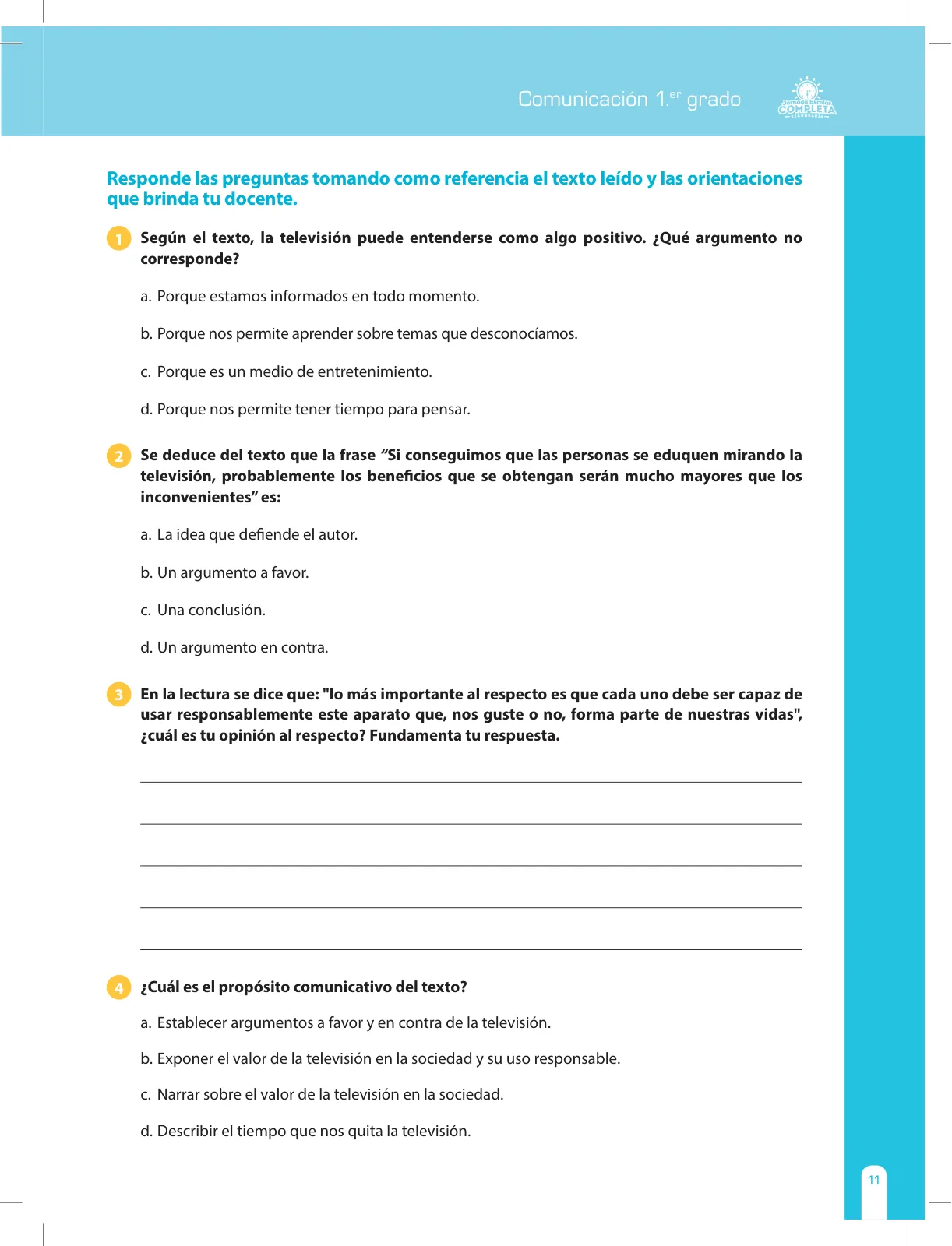 Página 11 de Comunicación Secundaria 1. Cuaderno de reforzamiento pedagógico - JEC · 2016