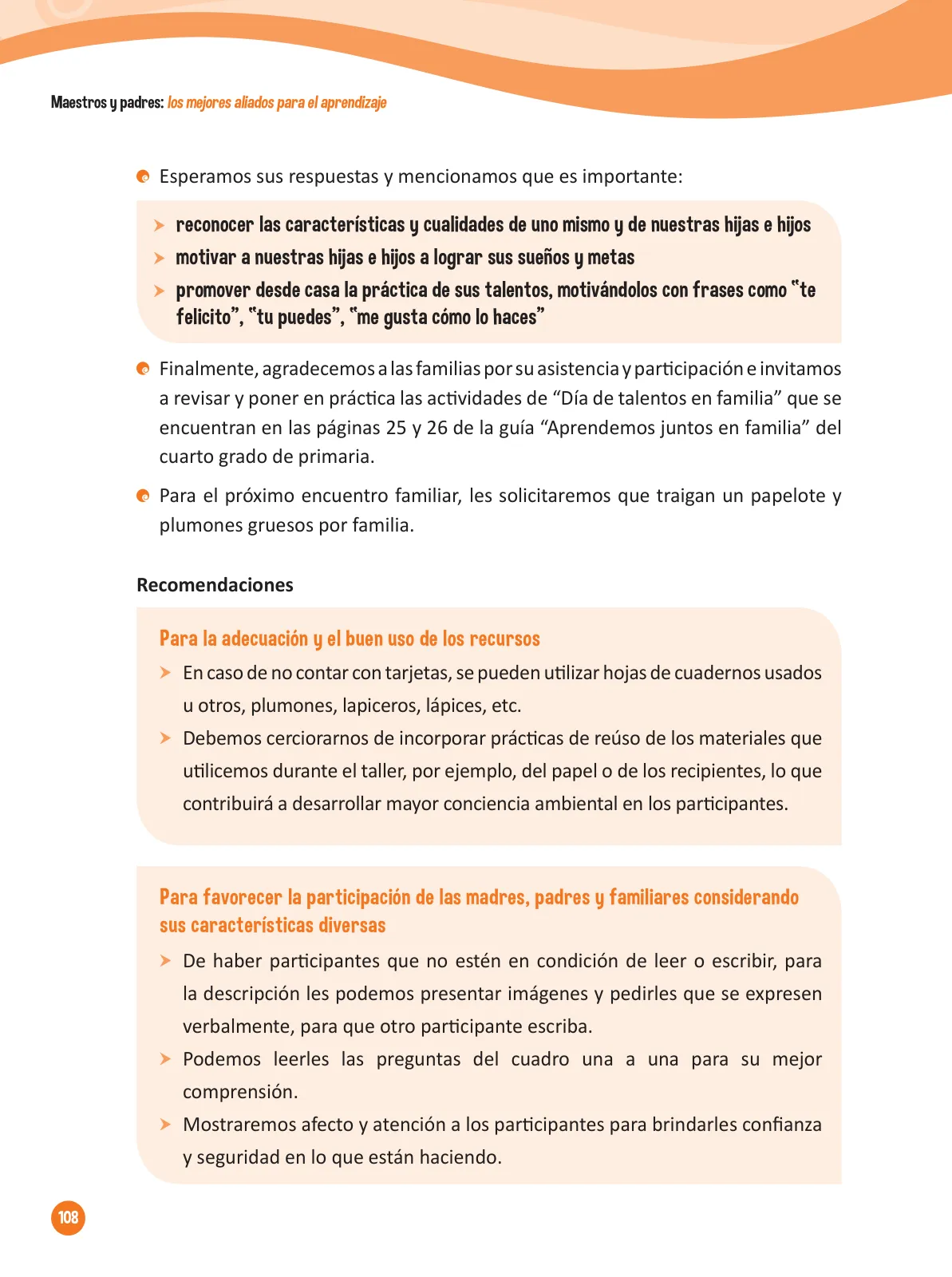 Página 110 de Guía para el trabajo docente con las familias del ciclo IV de Primaria · 2016