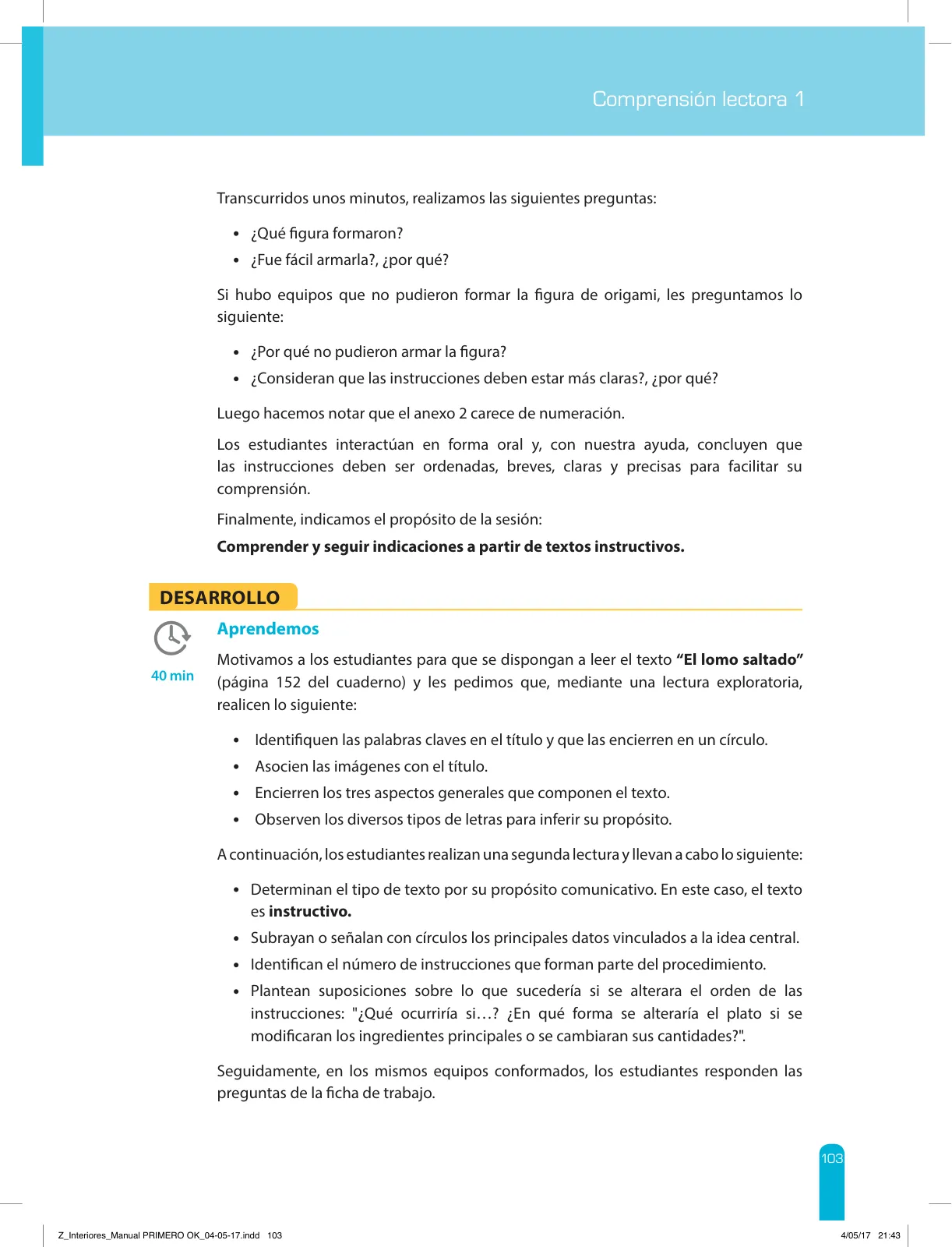 Miniatura página 105 de Comprensión lectora 1 : manual para el docente de primer grado de Secundaria · 2017