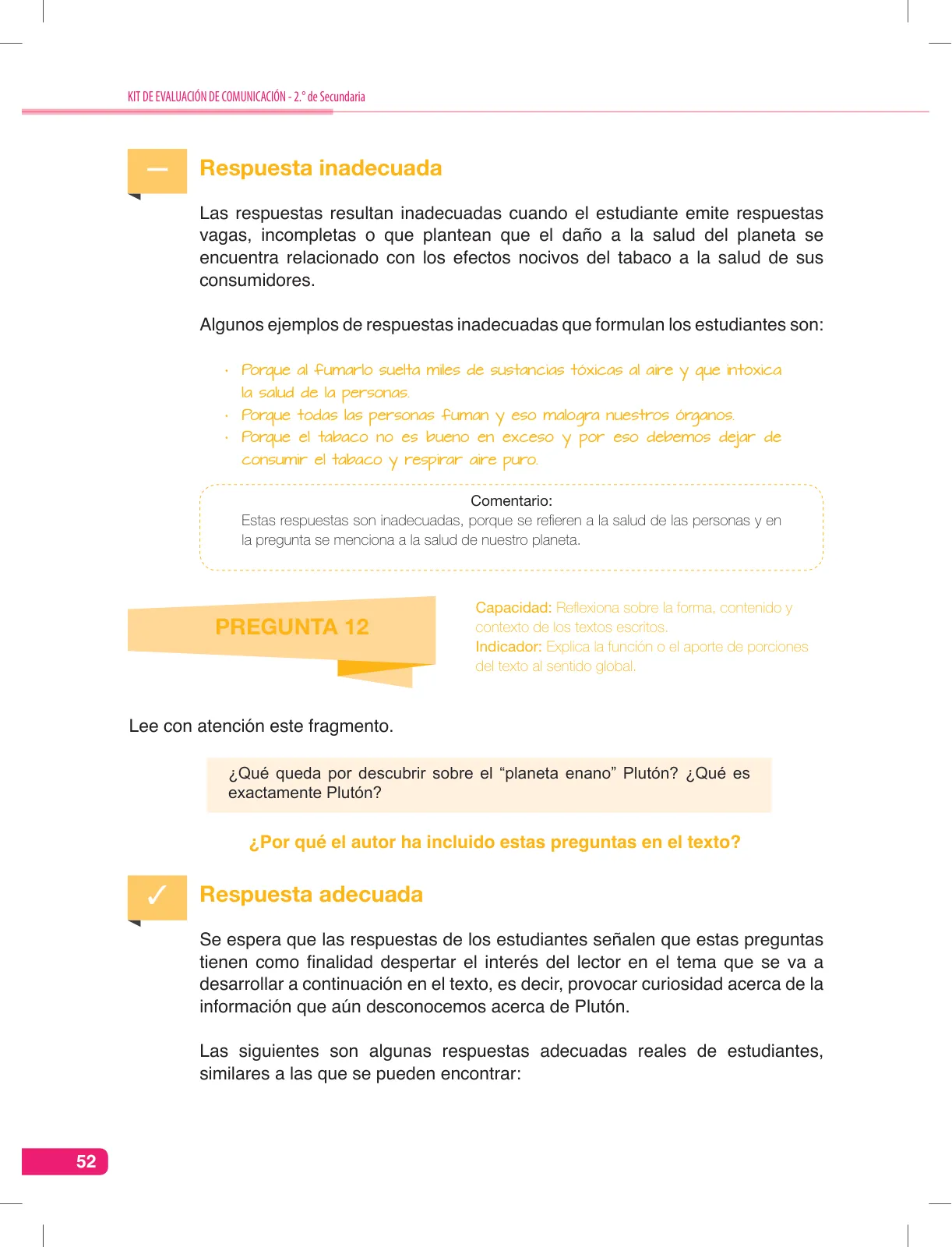 Página 52 de Comunicación, kit de evaluación Demostrando lo que aprendimos, 2do. secundaria : manual de uso para el docente · 2016