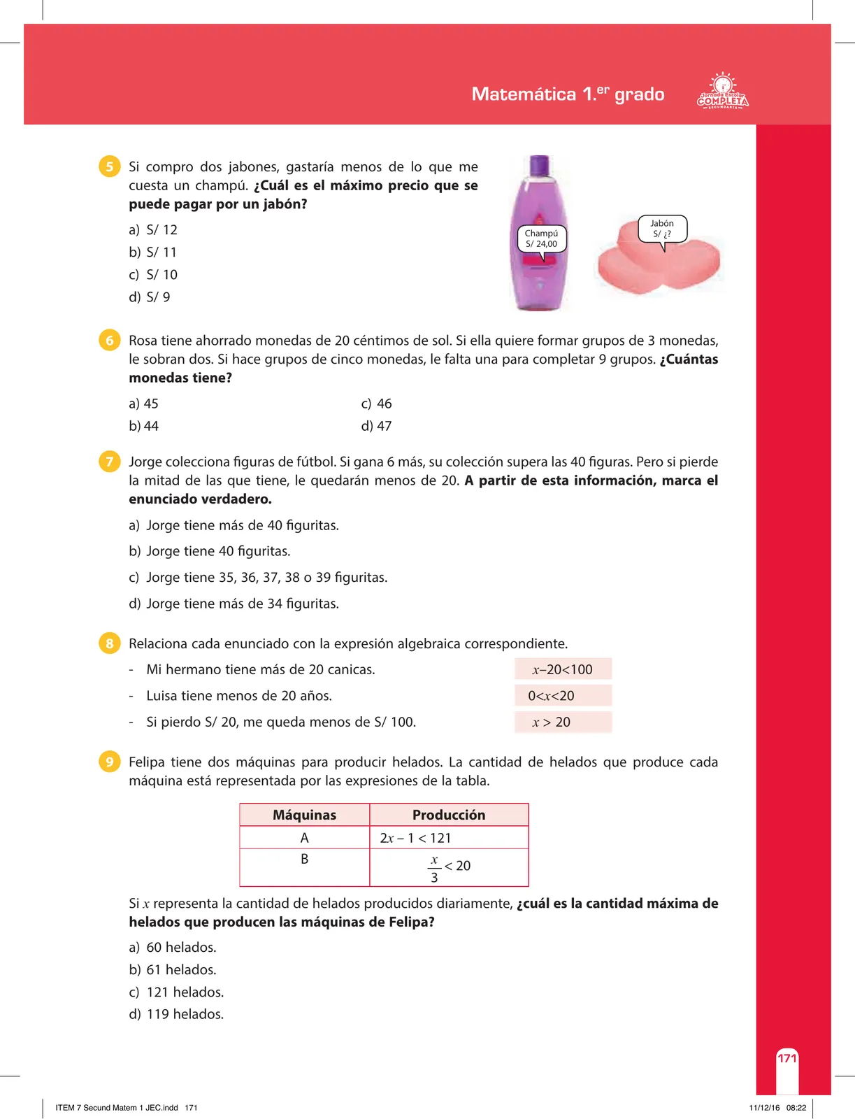 Página 171 de Matemática 1 : cuaderno de reforzamiento pedagógico - JEC · 2016