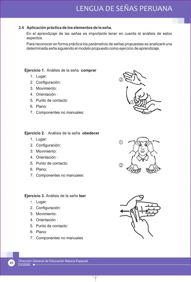 Página 40 de Lengua de señas peruana : guía para el aprendizaje de la lengua de señas peruana, vocabulario básico · 2015
