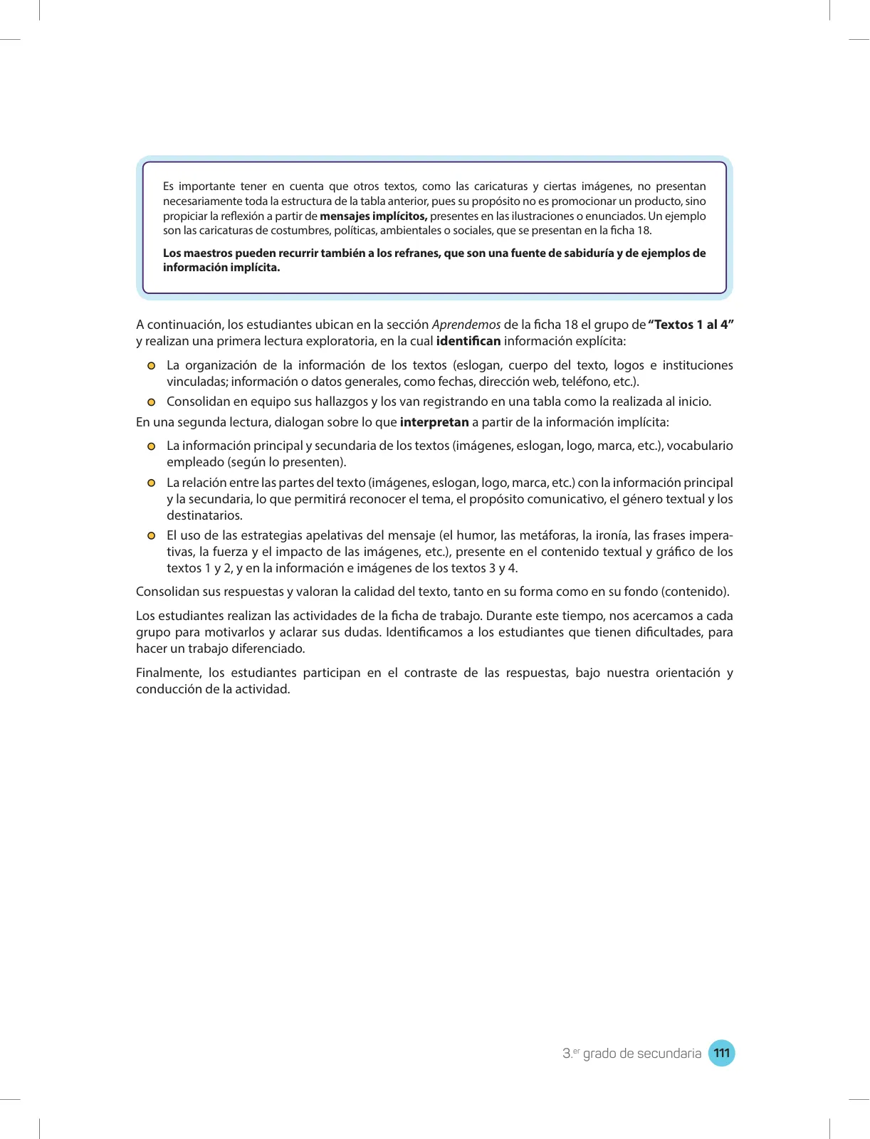 Página 113 de Comprensión lectora 3 : manual para el docente de tercer grado de Secundaria · 2017