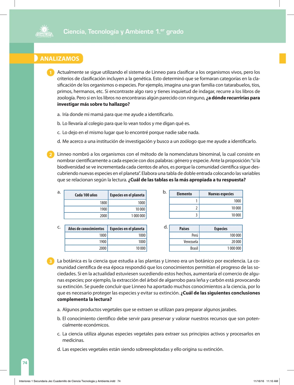 Página 74 de Ciencia, Tecnología y Ambiente 1. Cuaderno de reforzamiento pedagógico - JEC · 2016